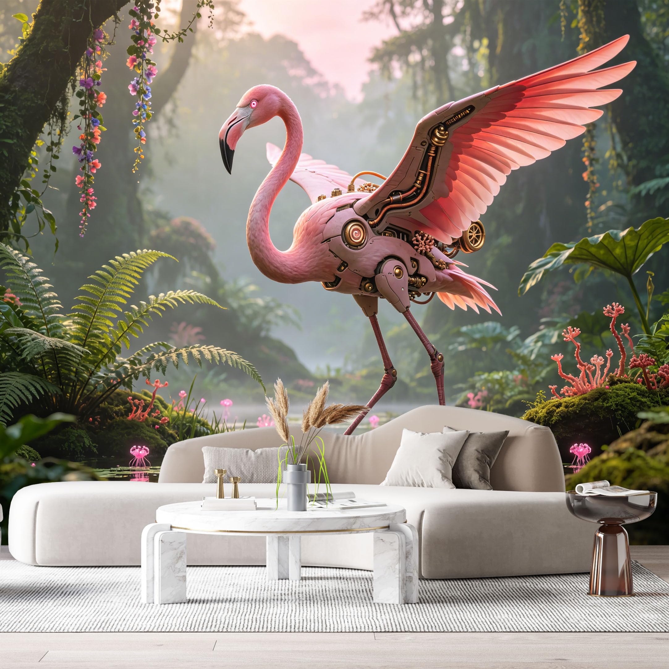Custom Size Wall Mural Mechanical Flamingo SciFi Jungle Futuristic Nature Neon Mecha Bird SelfAdhesive Art Prints Removable Large Wallpaper Esports Room Game Room Tenant Room Studio