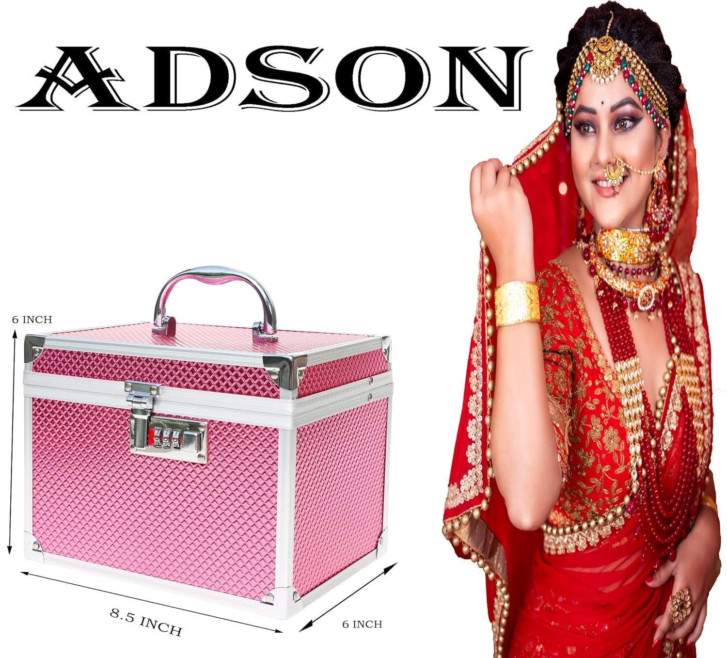 ADSON Professional Beauty Makeup Box Cosmetic Vanity Case/Box With Mirror (Metallic Pink), Free Size , 12 Cm 3