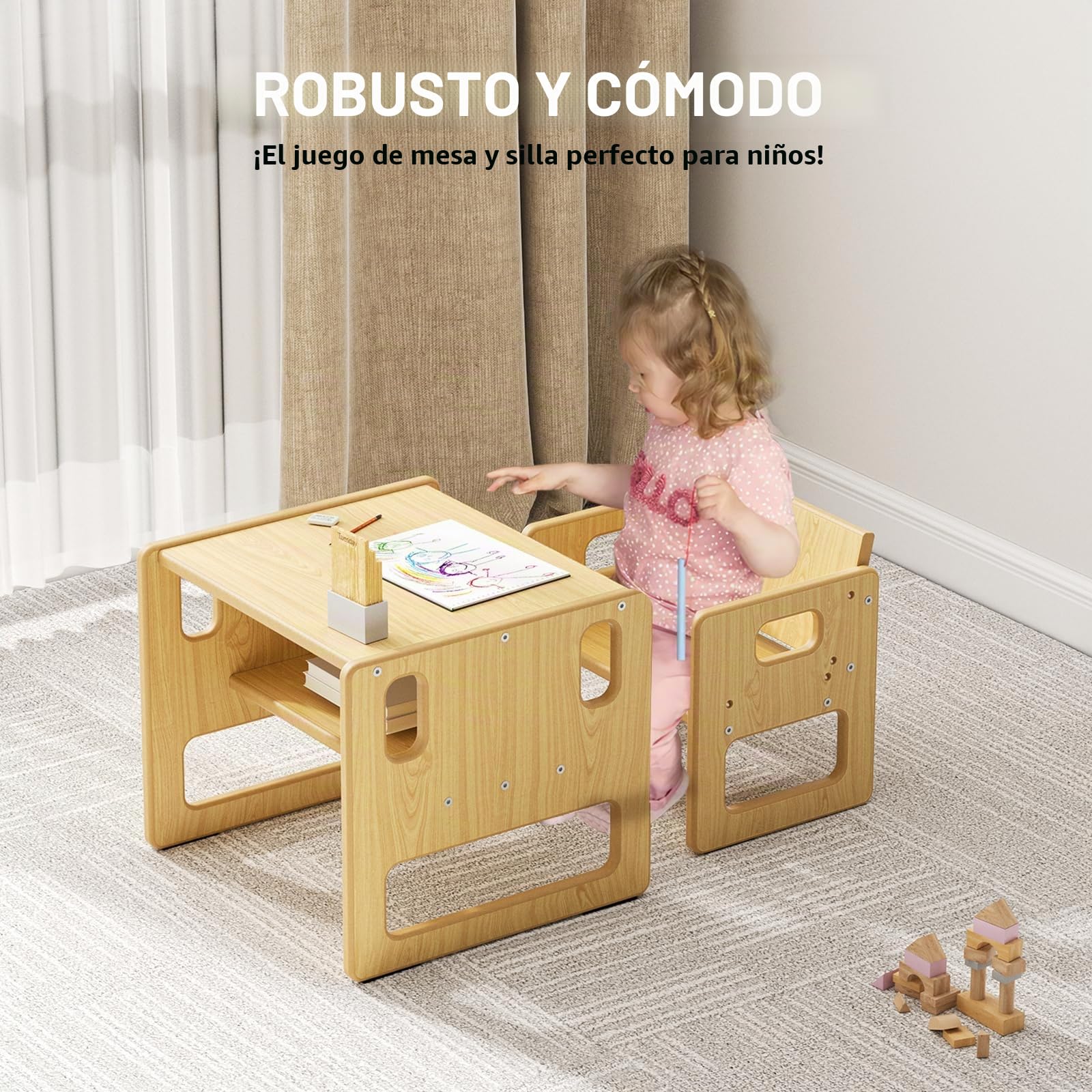 Mesa y Silla para Niños, Mesa de Madera Montessori con Almacenamiento, Adecuada para Niños para Leer, Jugar, Comer