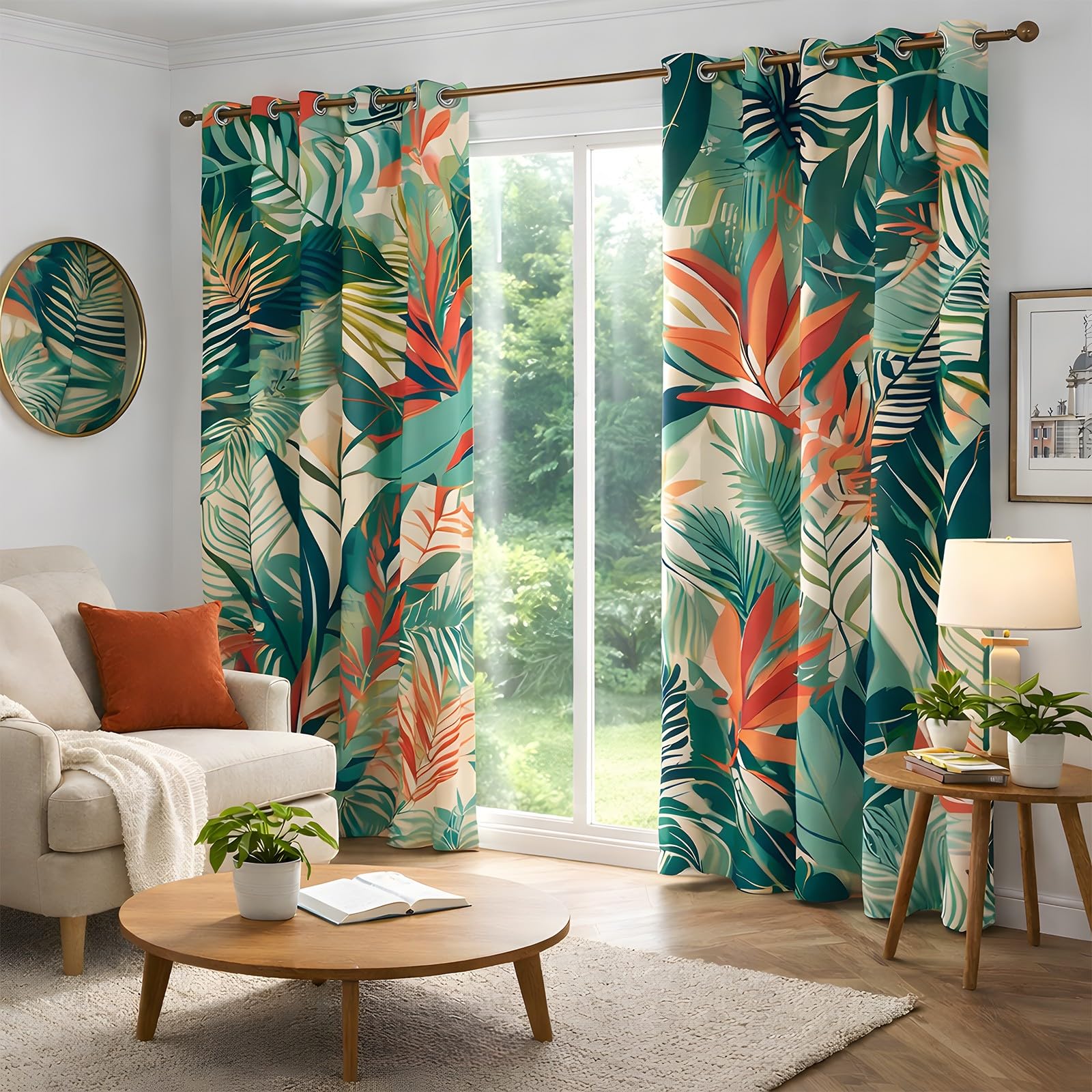 beige Rideau Occultant feuilles vertes tropicales Rideau Thermique Isolant Lot de 2 Pièces (2x140x225cm), 3D Rideau Fenetre pour Chambre Fille Enfant Garcon Rideau Separation de Piece con Oeillets,