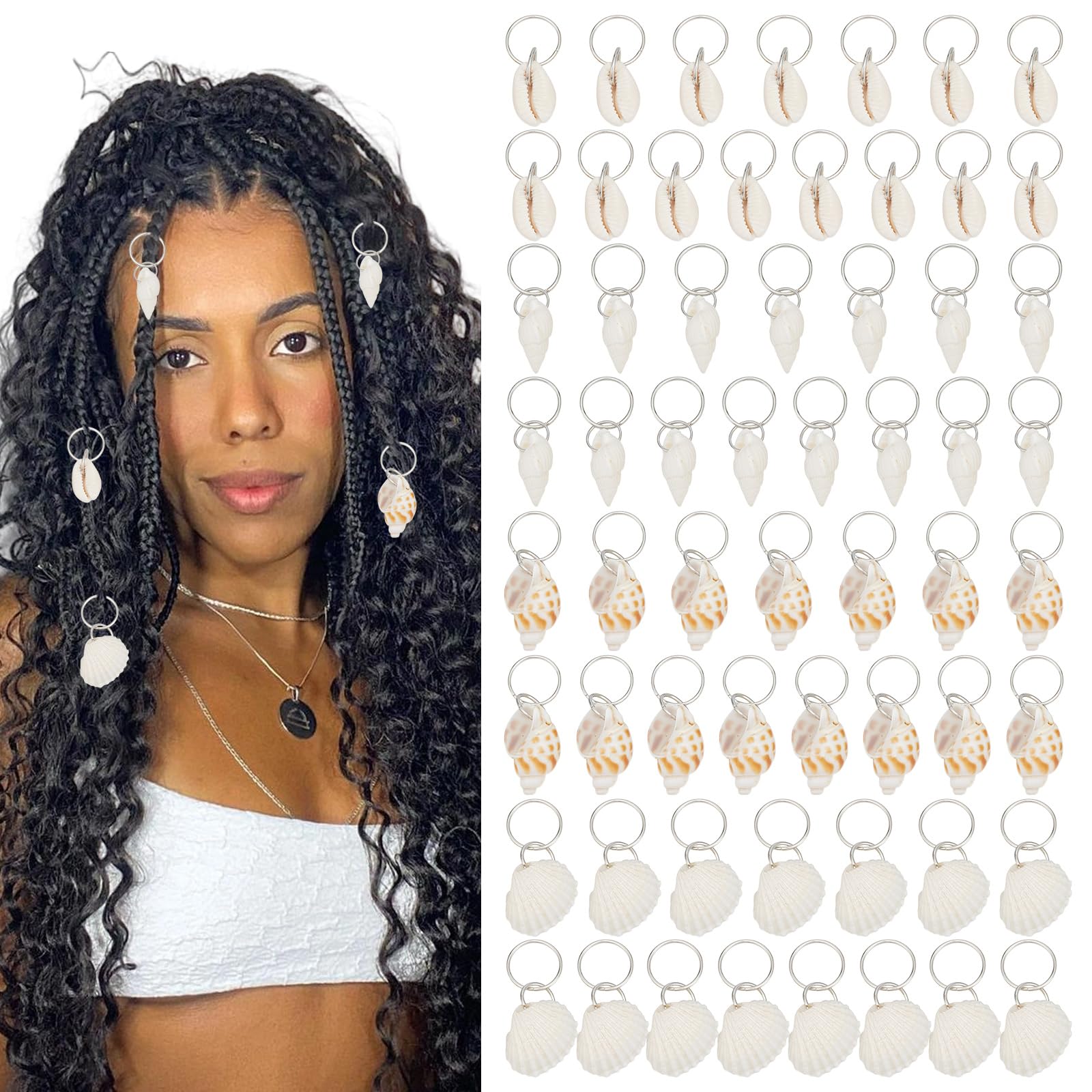 PLIGREAT 60 Pcs Seashell Conch Dreadlock Rings Charms, Silver Hair Braiding Decor Beach Style Braided Hairs Ornaments Vintage Decorative Dreadlocks