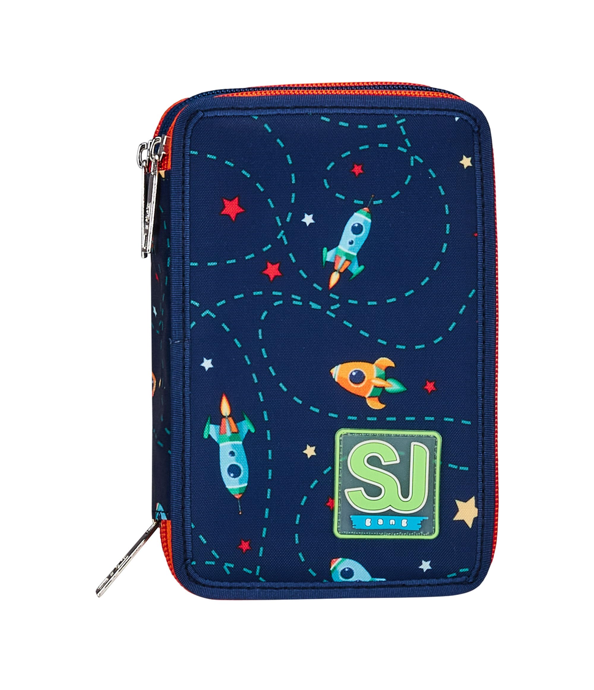 SJ GANG STYLE JAM GANG Astuccio Scuola 3 Zip, Blu, Spaceship Trip, Portapenne Triplo Scomparto Completo Di Penne, Matite, Colori, Accessori Zaino, Elementari, Medie, Bambino