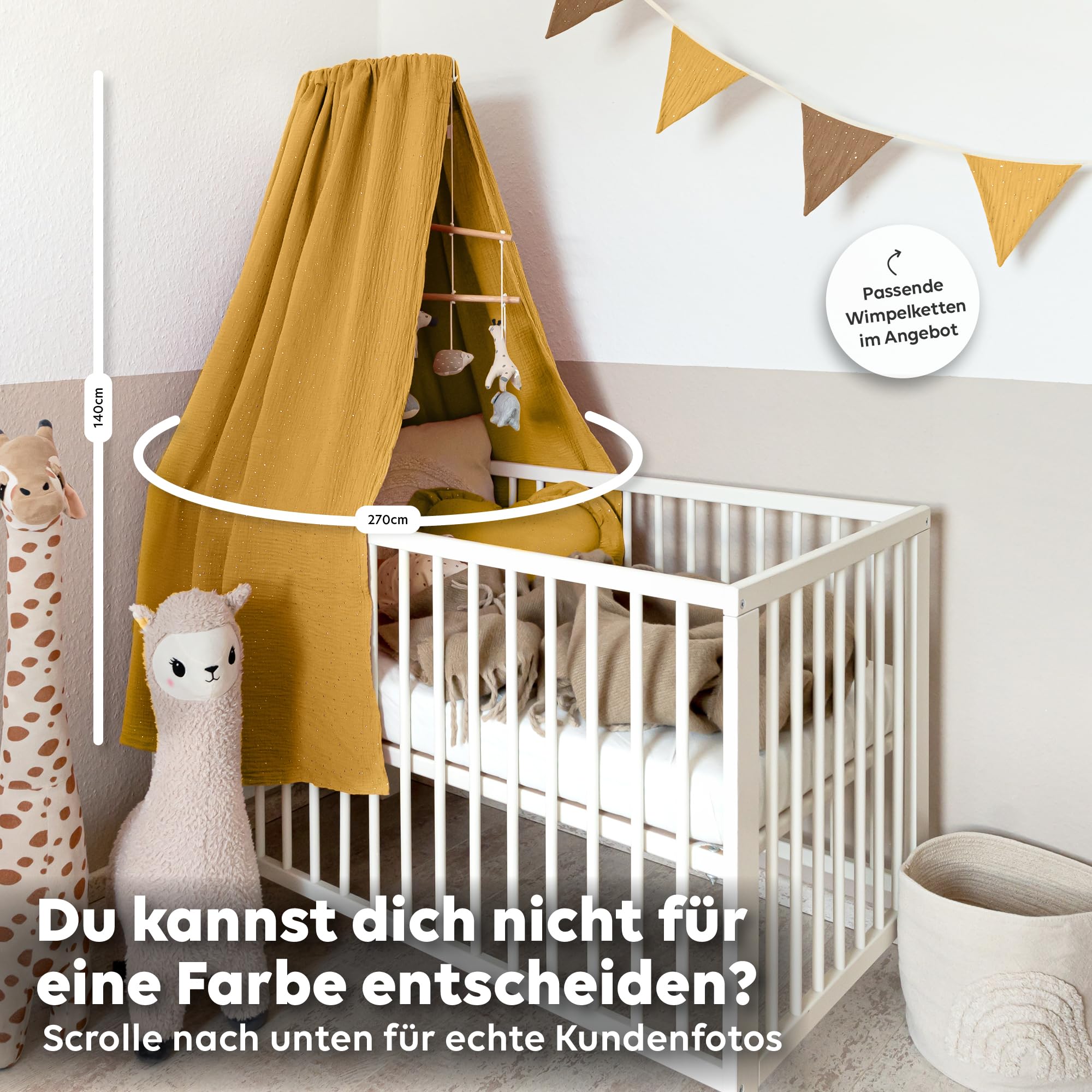 lilimaus Betthimmel Babybett mit Gold Applikation in 12 Farben [inkl. Himmelstange] - Himmel Babybett aus 100% Baumwolle Musselin für Mädchen & Jungen - Himmelbett mit Stange - Kinder Babyzimmer Deko