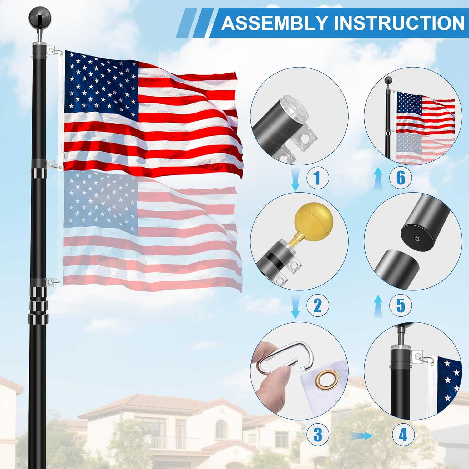 Flagpole for Outside House In Ground, 20FT Telescopic Flagpole Kit for Yard, Adjustable Extra Thick Aluminum Heavy Duty Flag Pole with 3x5 American Flag for Residential or Commercial, Black