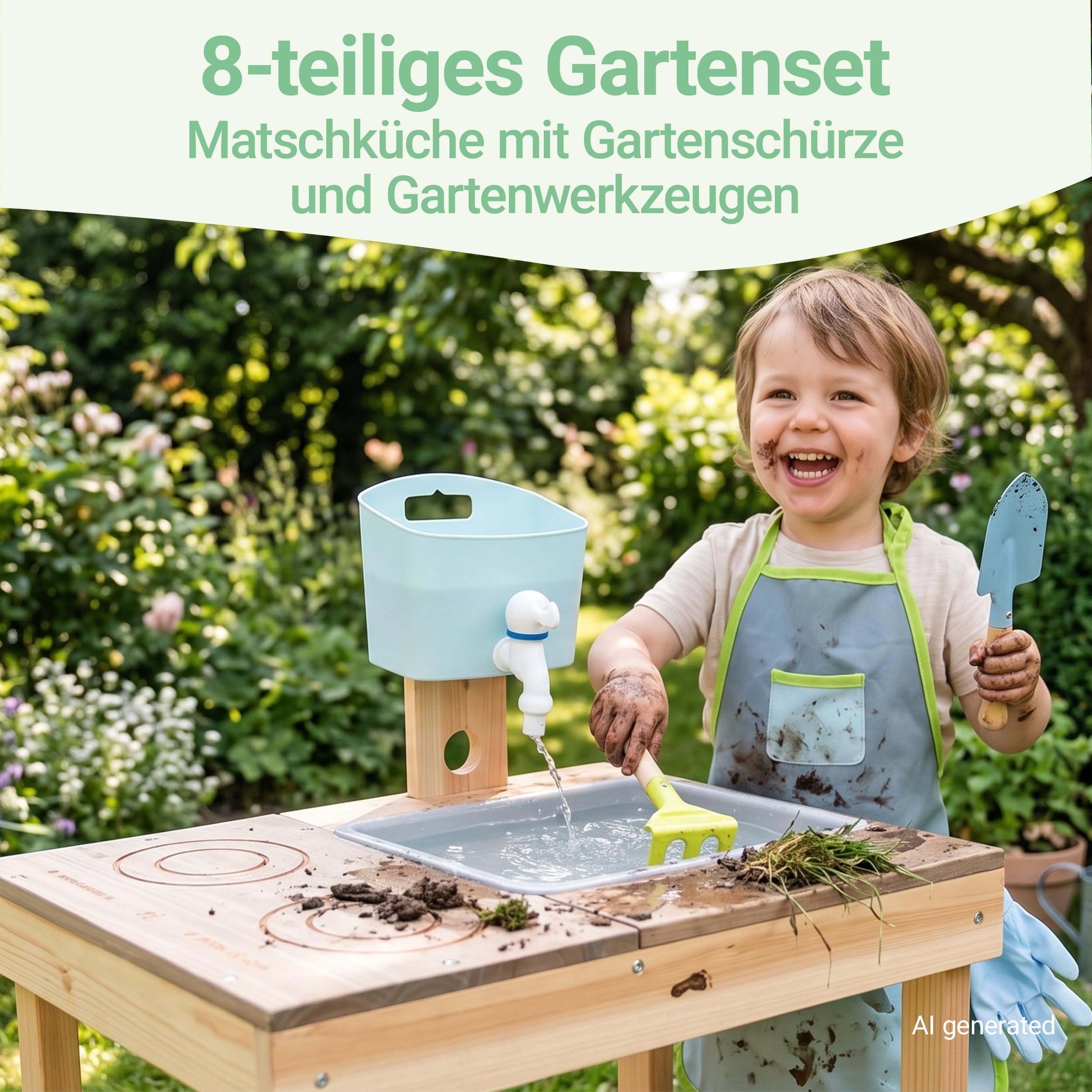 small foot Kinder Matschküche Set mit Wasserspiel & Gartenset - Grün | Outdoor Spielküche mit Wasserspender, Gartengeräten, Kochfeld & Schürze