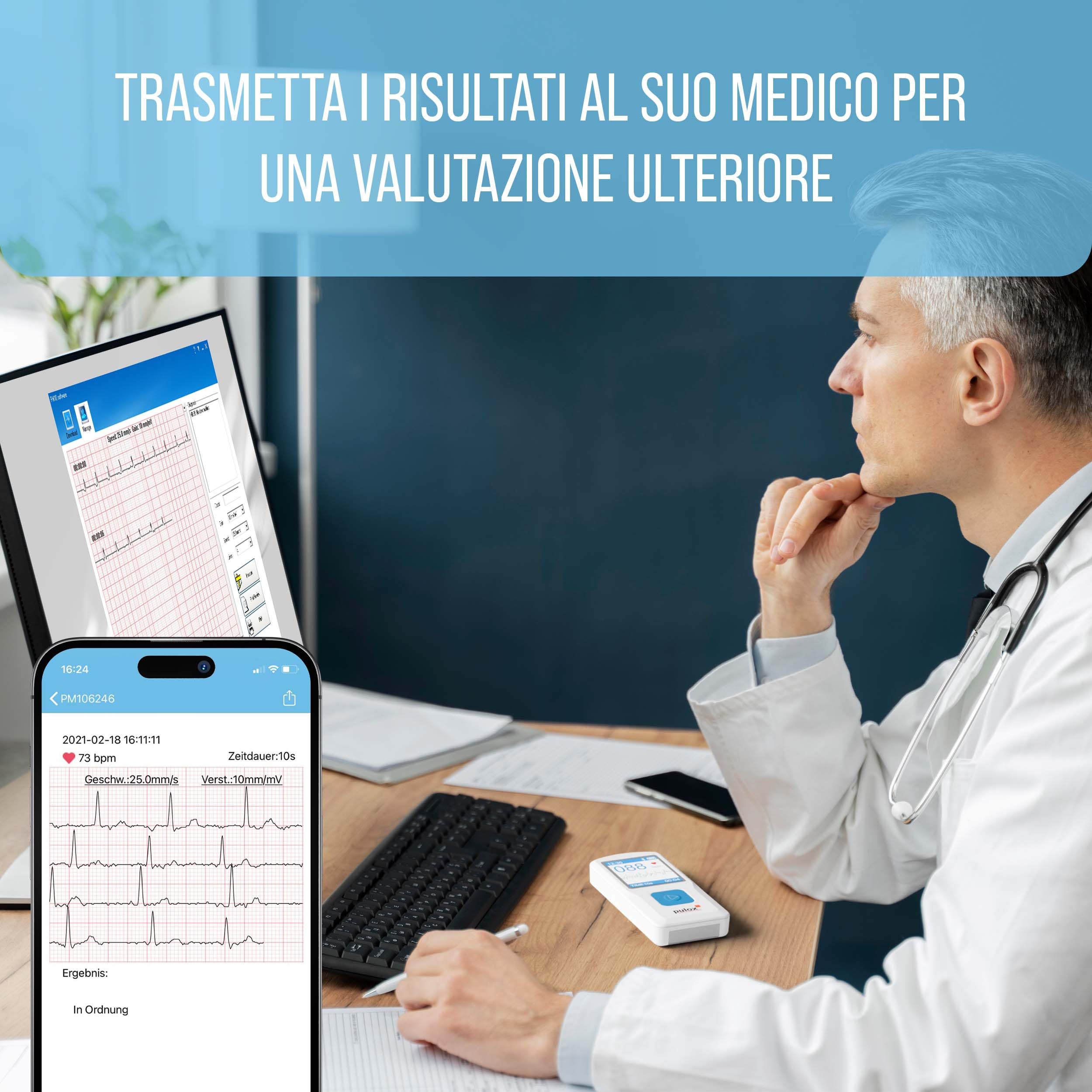 Pulox PM10 - Dispositivo ECG monocanale mobile - Monitor ECG con analisi, USB, app per smartphone e software per PC