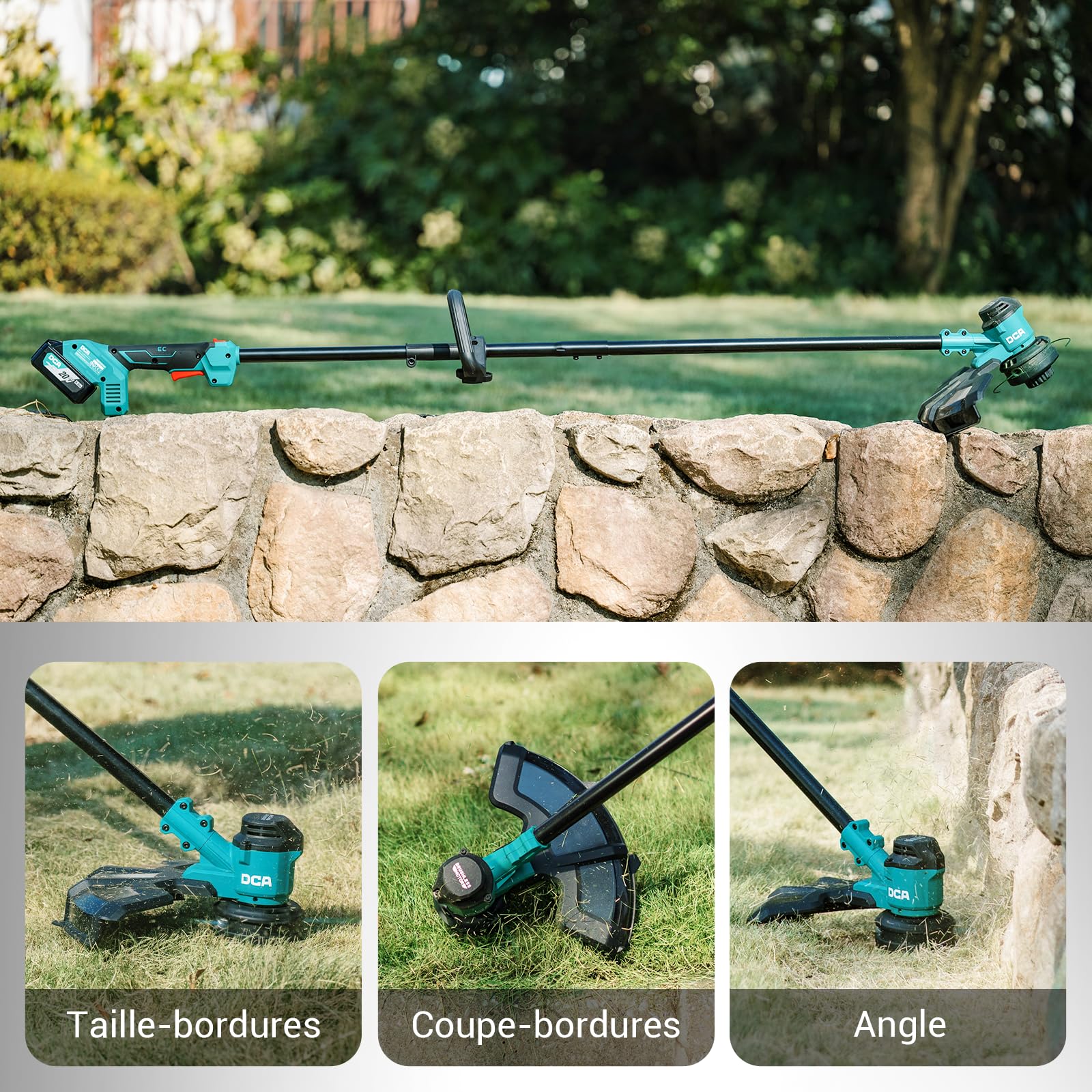 DCA Taille-Bordures sans Fil 20V, 2-en-1, Largeur de Coupe 35 cm et Vitesse 6000 RPM, Batterie 4,0 Ah, Chargeur pour travaux de Jardin et d'extérieur, ADST20141
