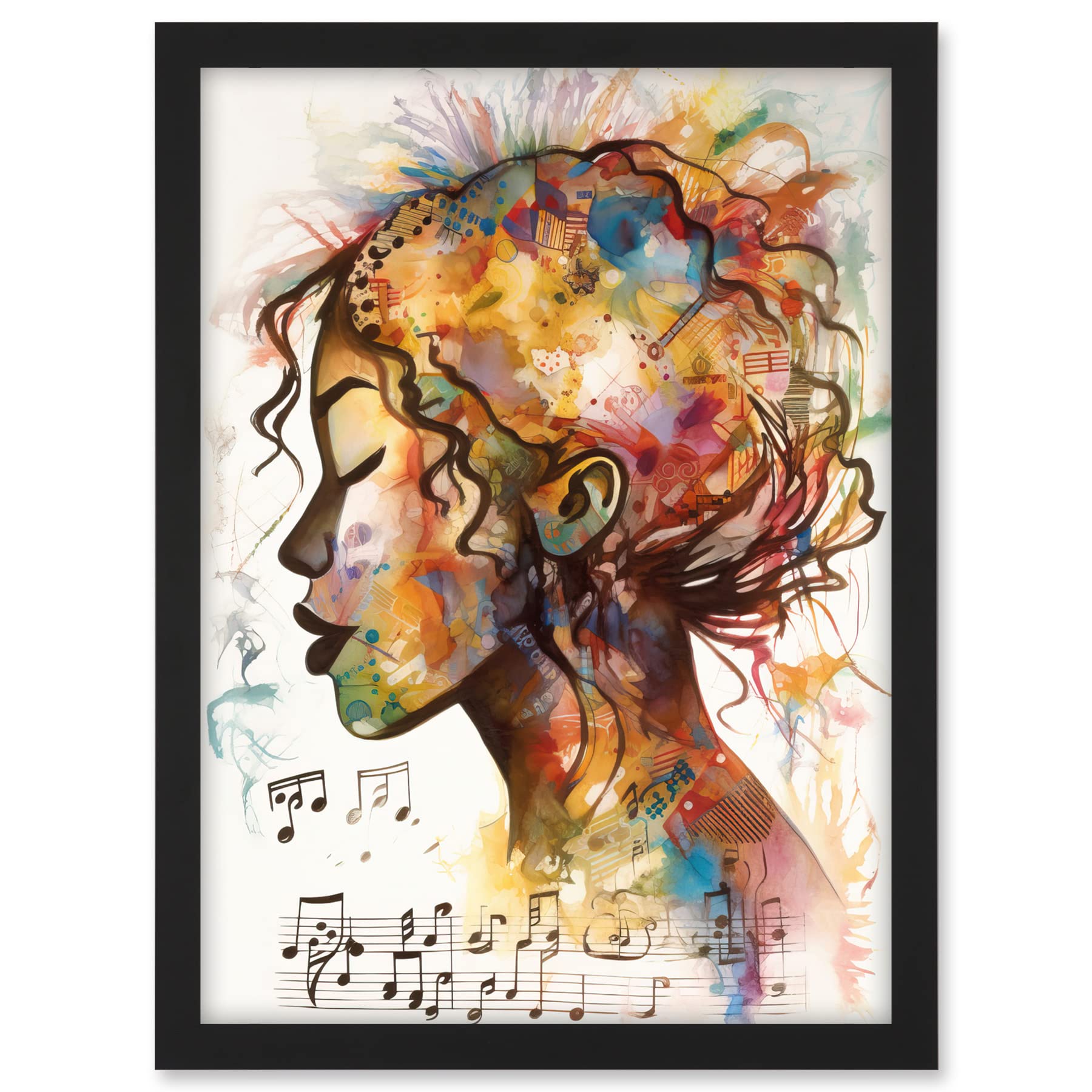 Artery8 Musical Meditation Synesthesia Woman Listening to Music Modern Watercolour Painting Artwork Framed A3 Wall Art Print
