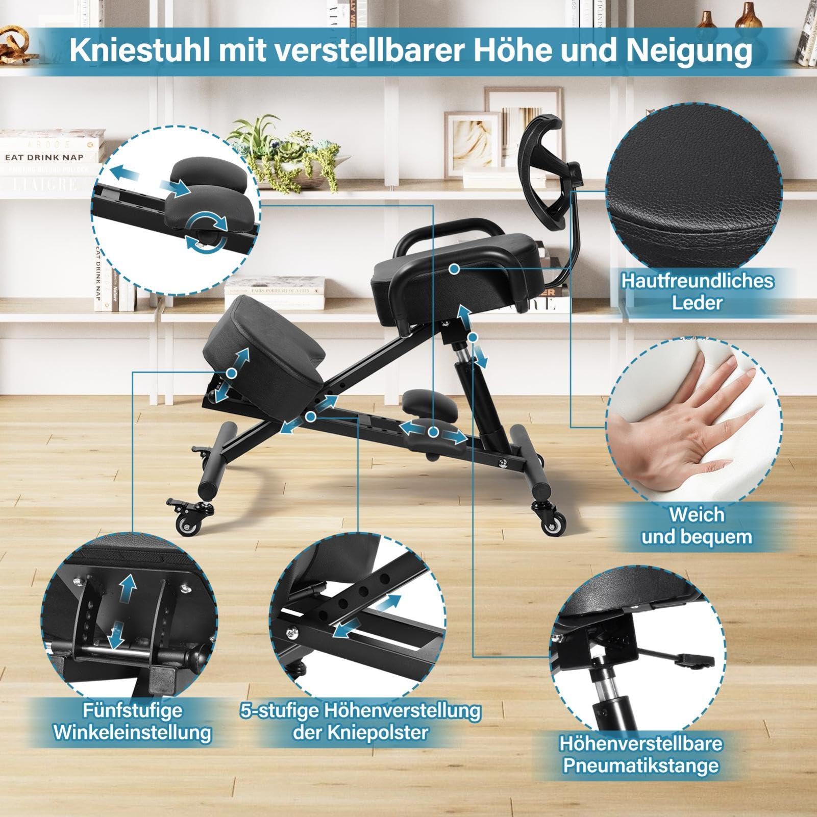 Generisch Kniestuhl, Ergonomischer Kniestuhl mit Rückenlehne und Fußstütze | Höhenverstellbarer Haltungsstuhl mit Feststellrä-dern für das Homeoffice, Haltungskorrekturhocker