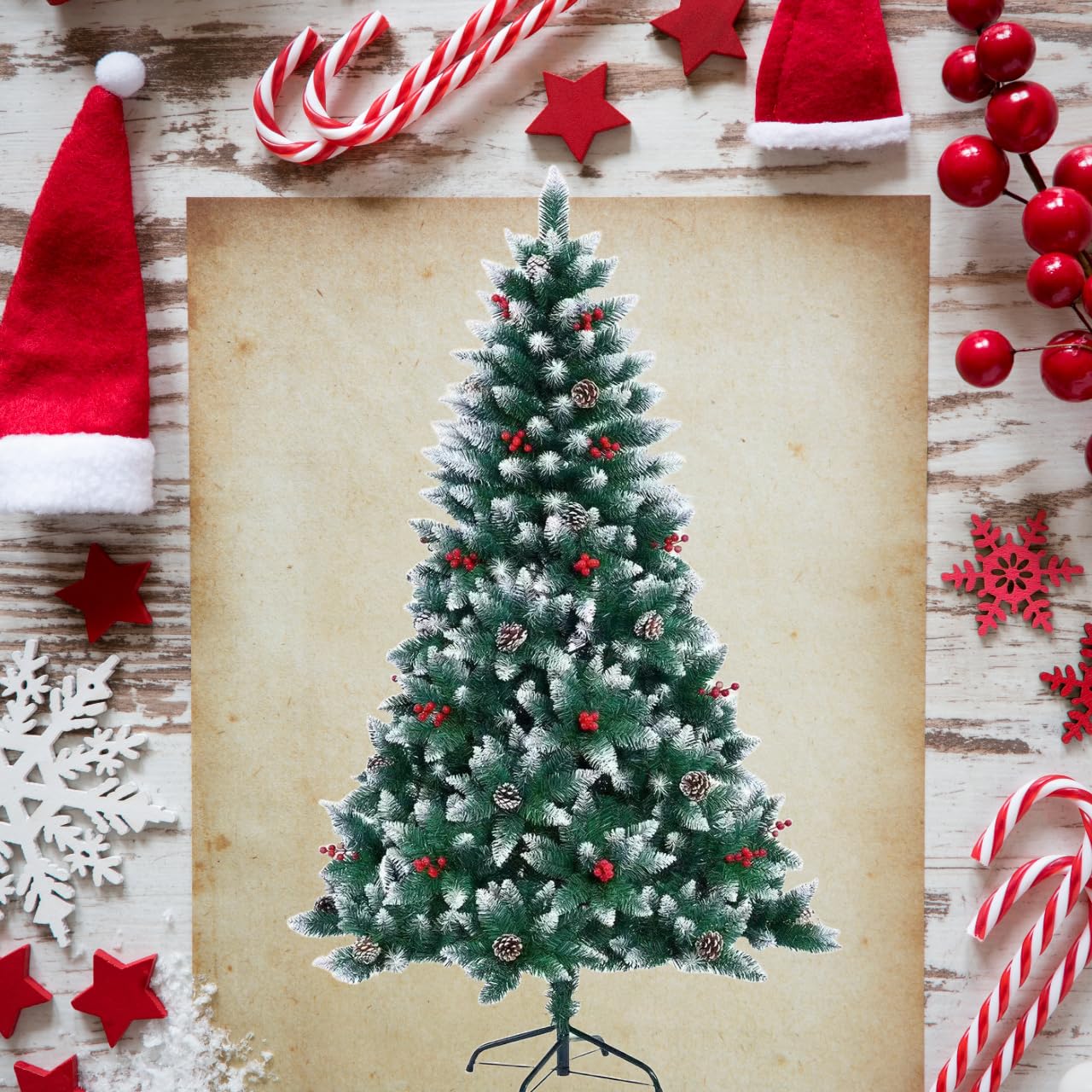 SHATCHI Sapin de Noël Artificiel floqué de 1,2 m/1,5 m/1,8 m avec Pointes de Crayon - Branches de Sapin Balmoral enneigées, Baies et Pommes de pin - Support en métal - Centre de Table de Noël de Luxe