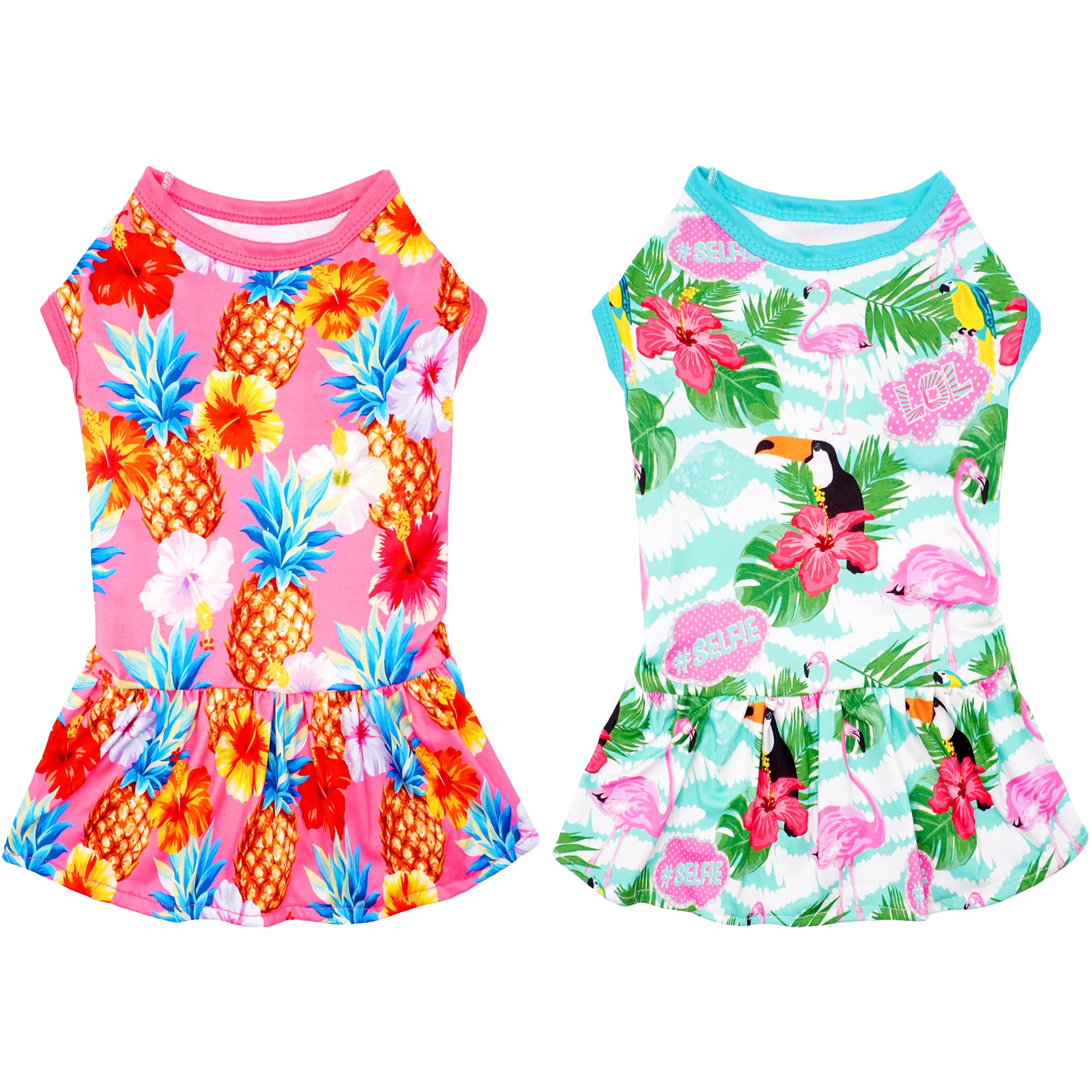2PCS/Pack Hawaiian Dog Dresses Pink Green for Small Dogs Girl Female Puppies Doggies Kittens Skirts Summer Sundress Pet Apparel Pineapple Toucan Flamingo Soft for Holiday Party Beach S