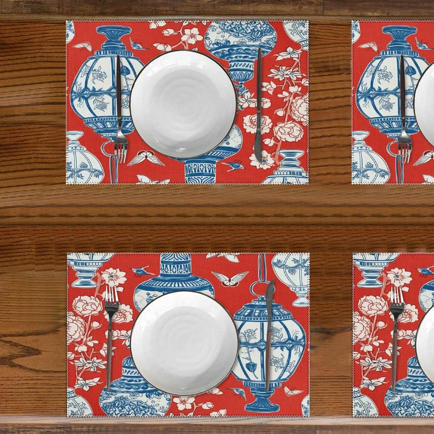 Place Mat Set Blue Ginger Jar Chinoiserie Inspired Asian Inspired Washable Cloth Fabric Place Mats Decorative Anti-Slip Placemat Set Great for Kitchen Dining Table Christmas Party