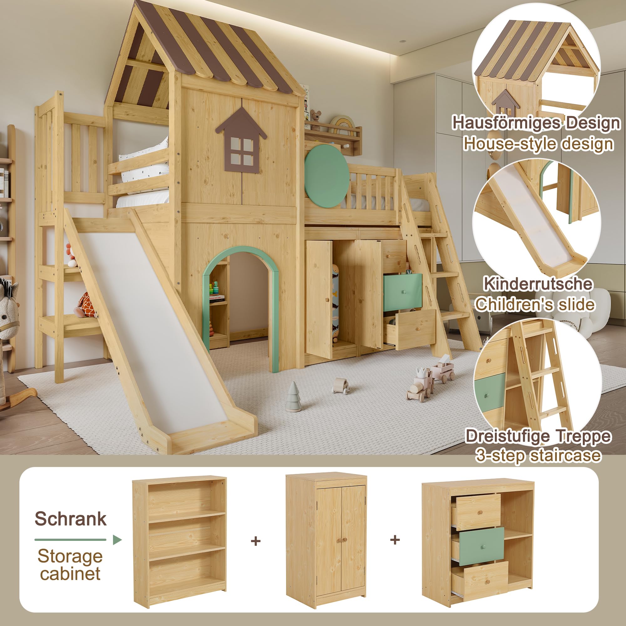 Merax Hochbett 90x200 cm Etagenbett mit Treppe und Rutsche, Hausdesign Bettgestell aus Kiefer und MDF, mit Schrank, Schubladen und Ablagefächern, Natur Grün