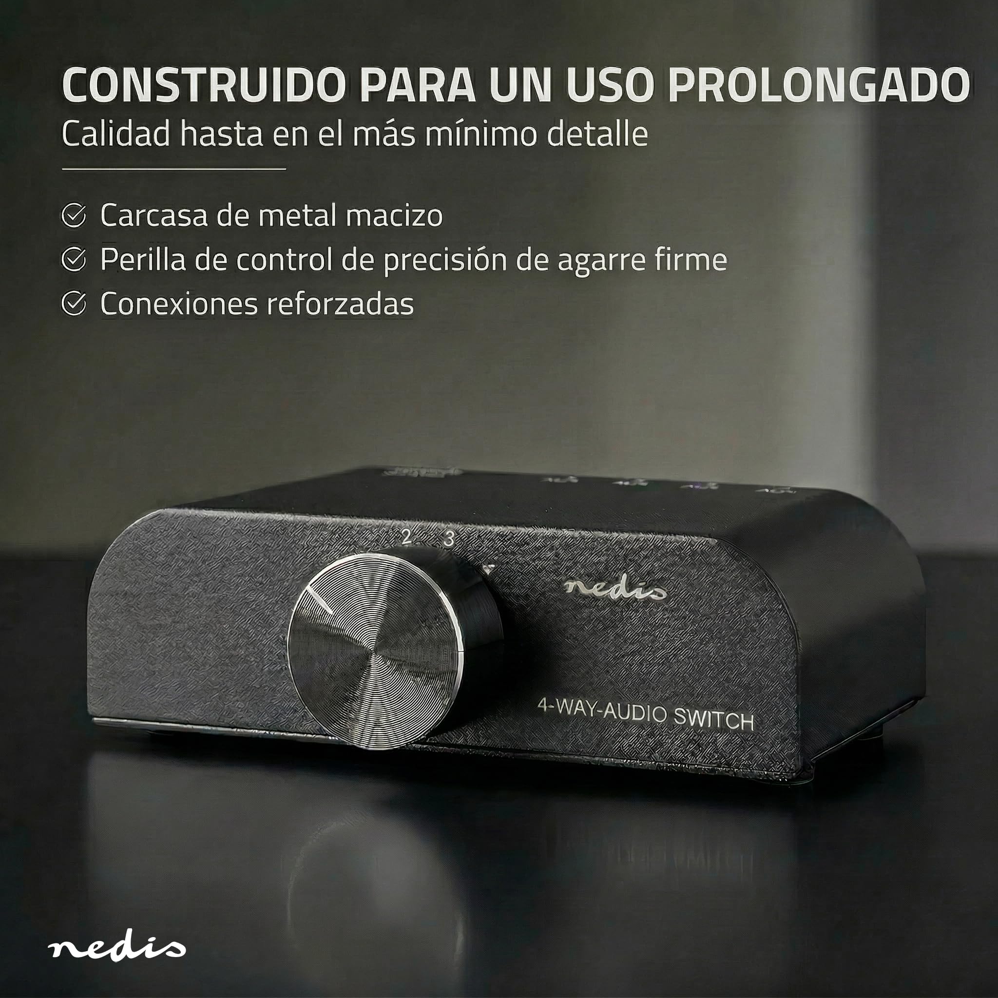 Nedis Interruptor de Audio analógico, Puerto de 4 Puertos, Conexiones, Entrada: 1 Entrada de Audio de 3,5 mm / 3 x (2 Conectores RCA Hembra), Conexiones, Salida: 1 x (2 Conectores RCA) | Manual |
