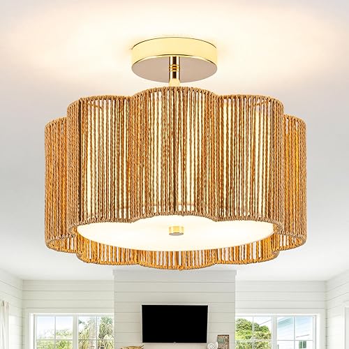 Miniatura 12 de Lámpara de techo de ratán tejida lineal 2 en 1 de 5 luces de 19.6 pulgadas, montaje empotrado/colgante convertible para isla de cocina y comedor,