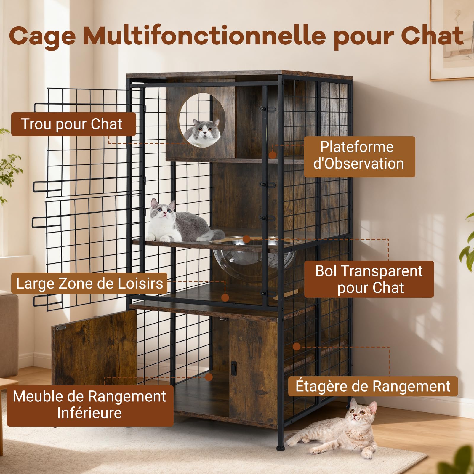 COSTWAY Grand Cage Chat à 4 Niveaux, Enclos pour Chats en Fil, 3 Plateformes, Capsule, Meuble de Rangement Bas, Portes Verrouillable, Patins Réglables, pour Lapin Écureuil, 60 x 60 x 125 cm