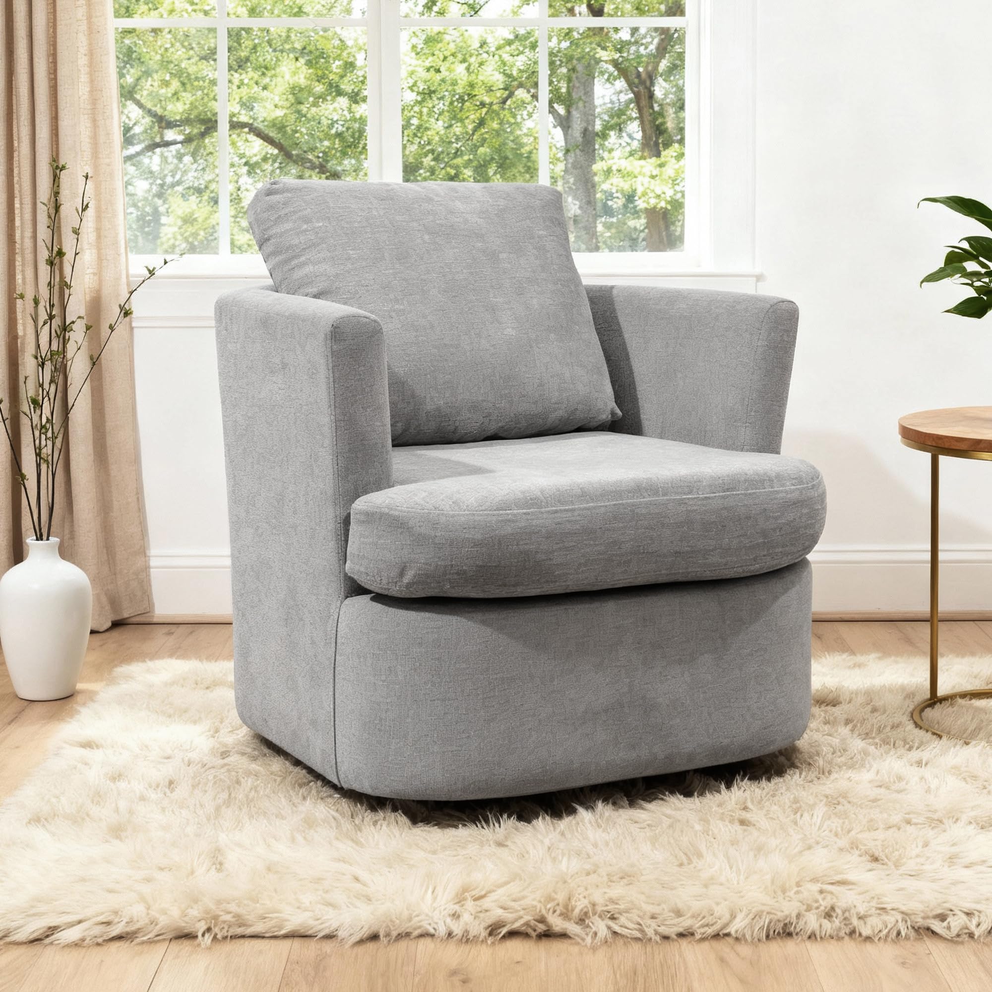 BonVache Sillón Giratorio, Sillón de Felpa, 360° Giratorio, con Respaldo en Forma de U y Asiento Acolchado, Adecuado para Sala de Estar, Dormitorio y Oficina, Gris