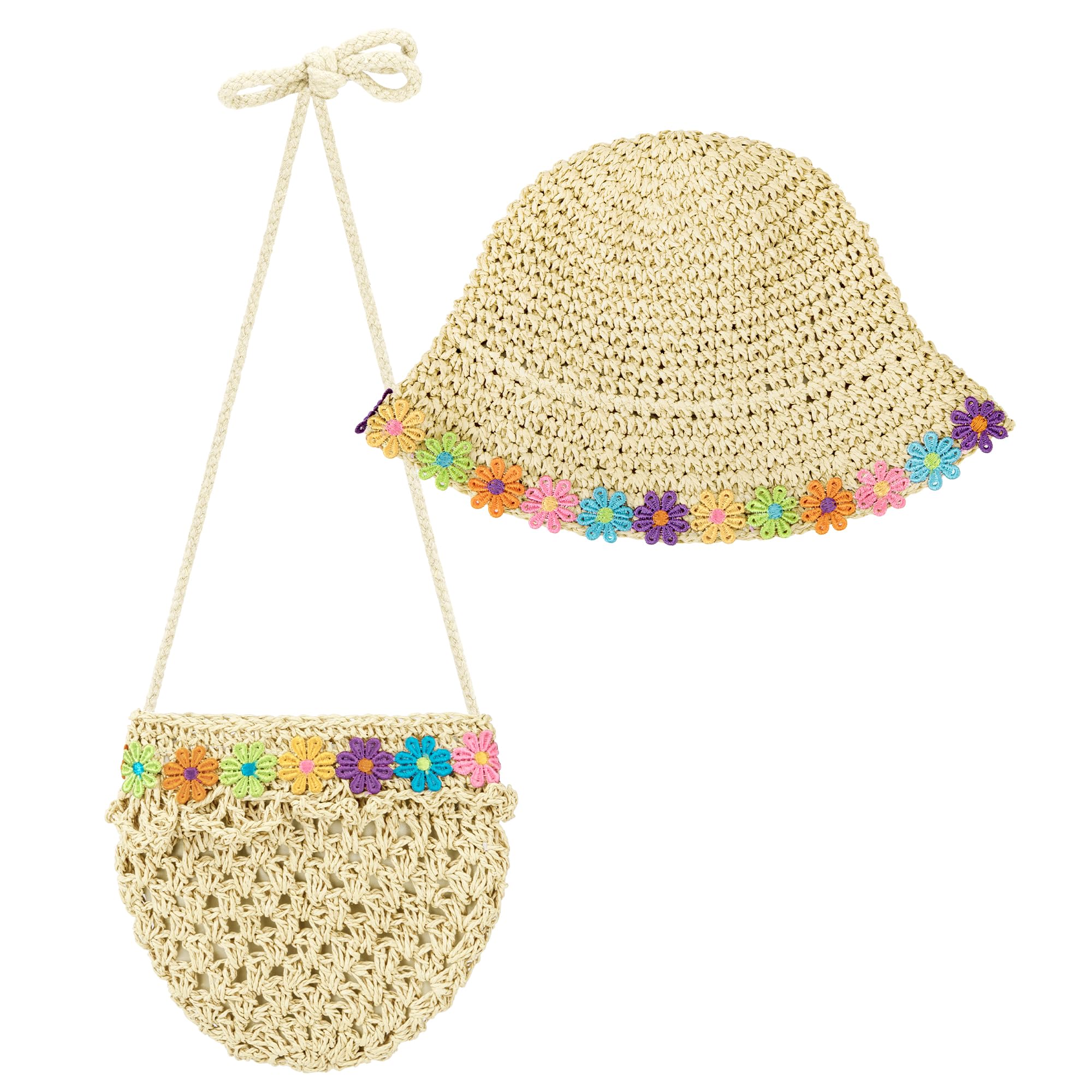 HONGXIN-SHOP Sombrero y Bolso Niñas Sombrero de Paja Anti UV Gorra de Sol con Decoracion de Flores Gorro de Playa para Verano Playa Viaje