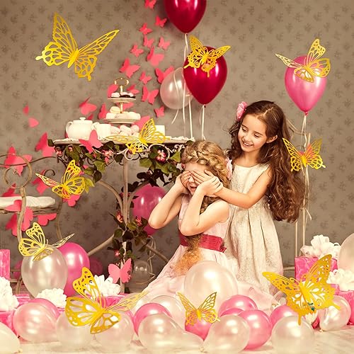 Miniatura 4 de Yeaqee Juego de 24 piezas de decoración de fiesta de mariposas grandes, 2 tamaños, 3 estilos, mariposas doradas grandes 3D, calcomanías de