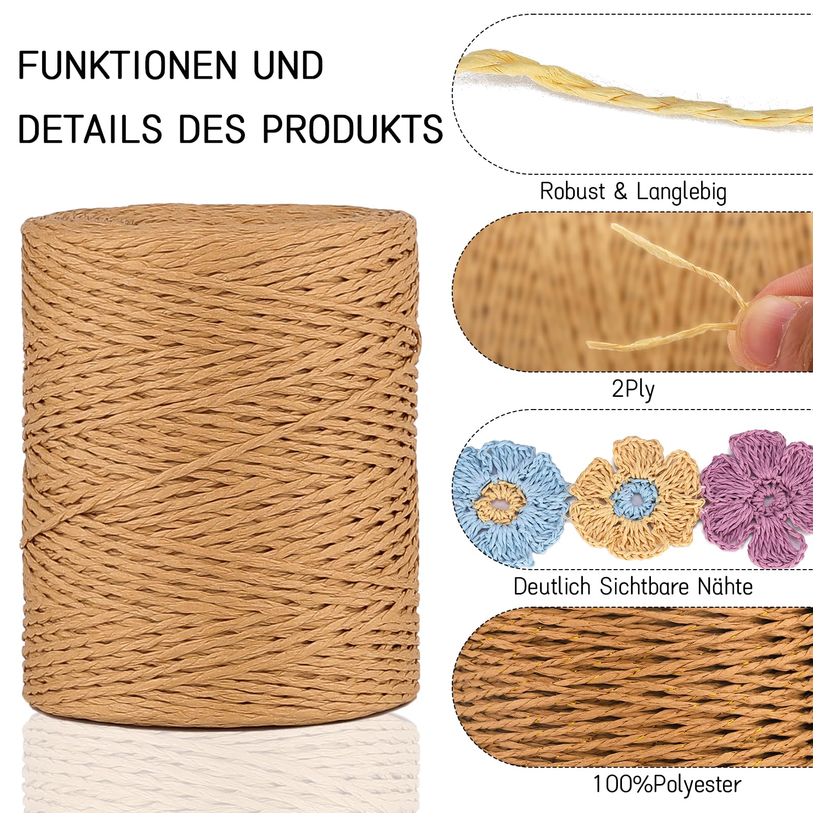 Raffia Garn 2mm - Natur Bast Zum Häkeln, 300m, 48 Farben