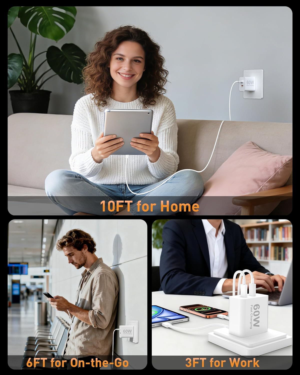 iPhone 17e/17/17 Pro Max Charger Fast Charging, 2-Pack 60W Dual USB C Charger Block Power Adapter with 10/6/6/3FT USB-C Cable for iPhone 17/17 Pro Max/17e/16/15/Pro Max/Plus, iPad Pro 13/12.9/11 inch