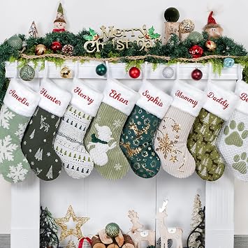 LUBOT Personalized Christmas Stockings 20" Custom Embroidery Name Applique Sequin Mix Green Classic Rustic Farmhouse Fireplace Hanging Large Xmas Stockings Family Holiday Decor