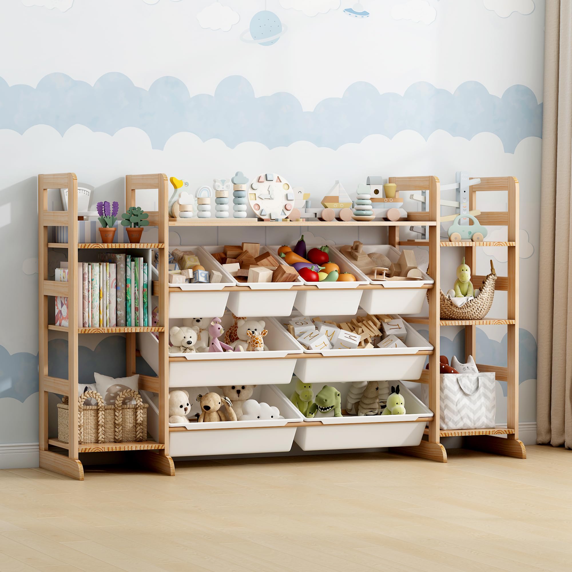 Meuble de Rangement Jouets Enfant Bibliothèque Enfant avec 8 Boîtes Amovibles, Bibliotheque Enfant Bois pour Aux Chambres à Coucher et aux Salles de Classe (133 x 80 x 34.5 cm)