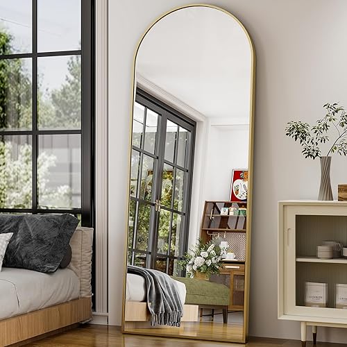 Miniatura 2 de GLSLAND Espejo arqueado de longitud completa de 28 x 71 pulgadas, espejo de piso dorado, espejos rectangulares para montar en la pared para