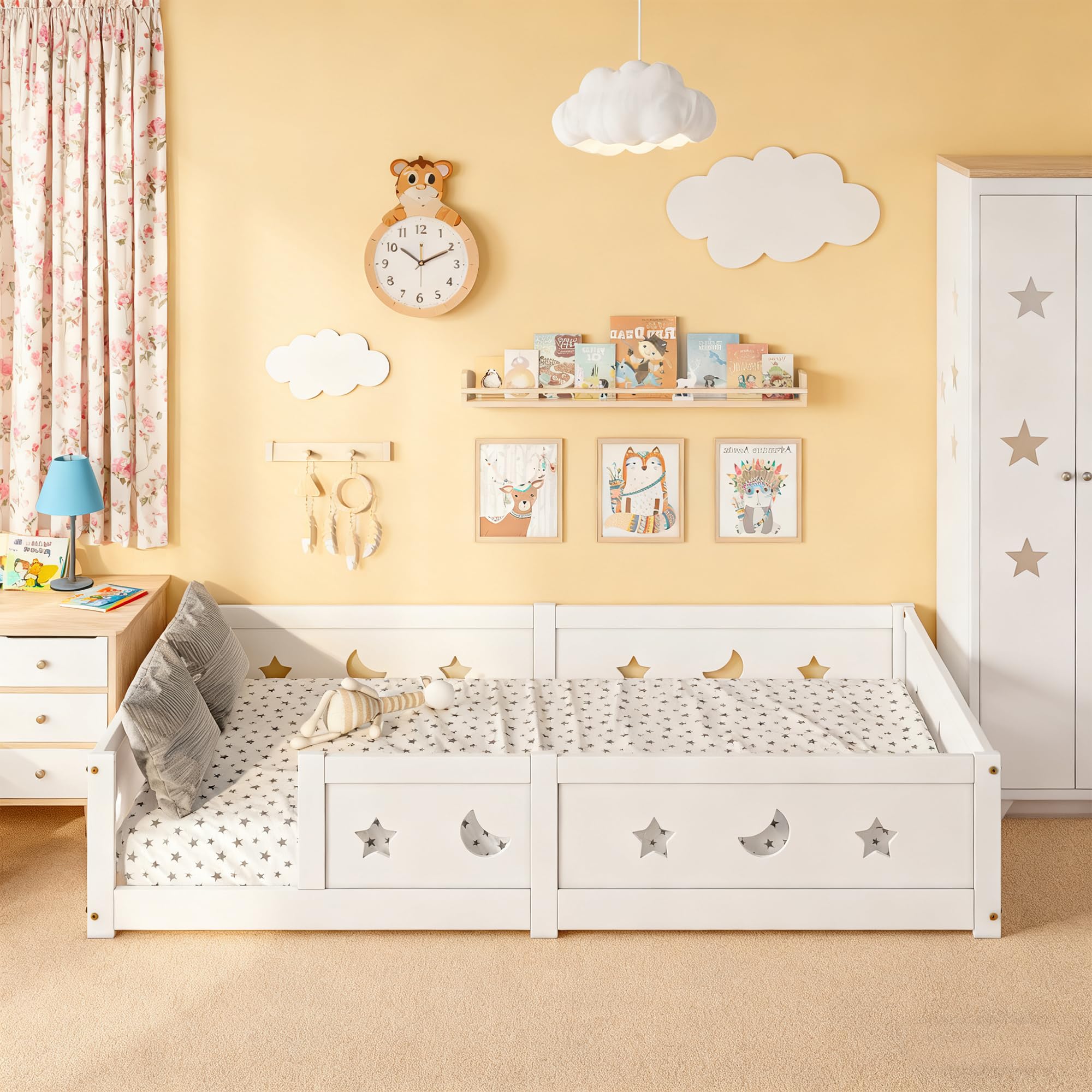 Cama infantil Montessori de 140 x 200 cm, cama de suelo de madera, segura para niños y niñas, con protección anticaídas, adecuada para niños y niñas (blanco-1, 140 x 200 cm)