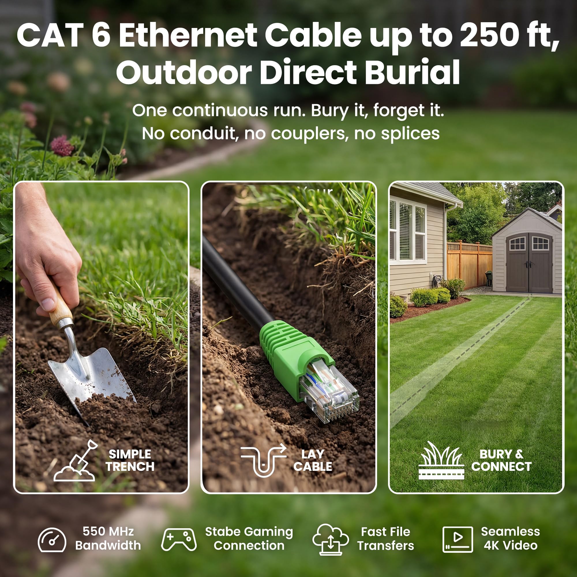 GearIT Câble Ethernet Cat6 à enfouissement direct - Cat6 - Imperméable - Gaine UV - UTP 550 MHz - Réseau Internet haut débit - CCA (69,6 m)