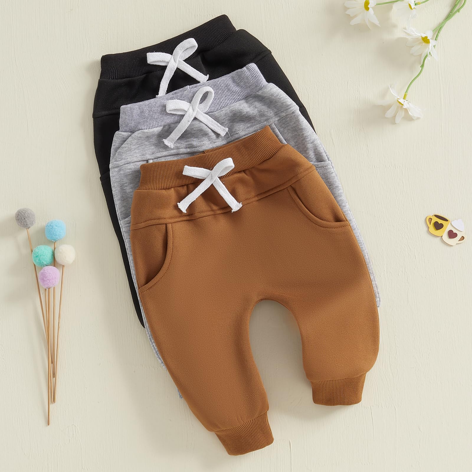 Toddler Baby Boy Sweatpants 3 Pack Solid Color Elastic Waist Jogger Pants Casual Trousers Bottoms Fall Winter Pants (Black Brown Gray, 6-12 Months)