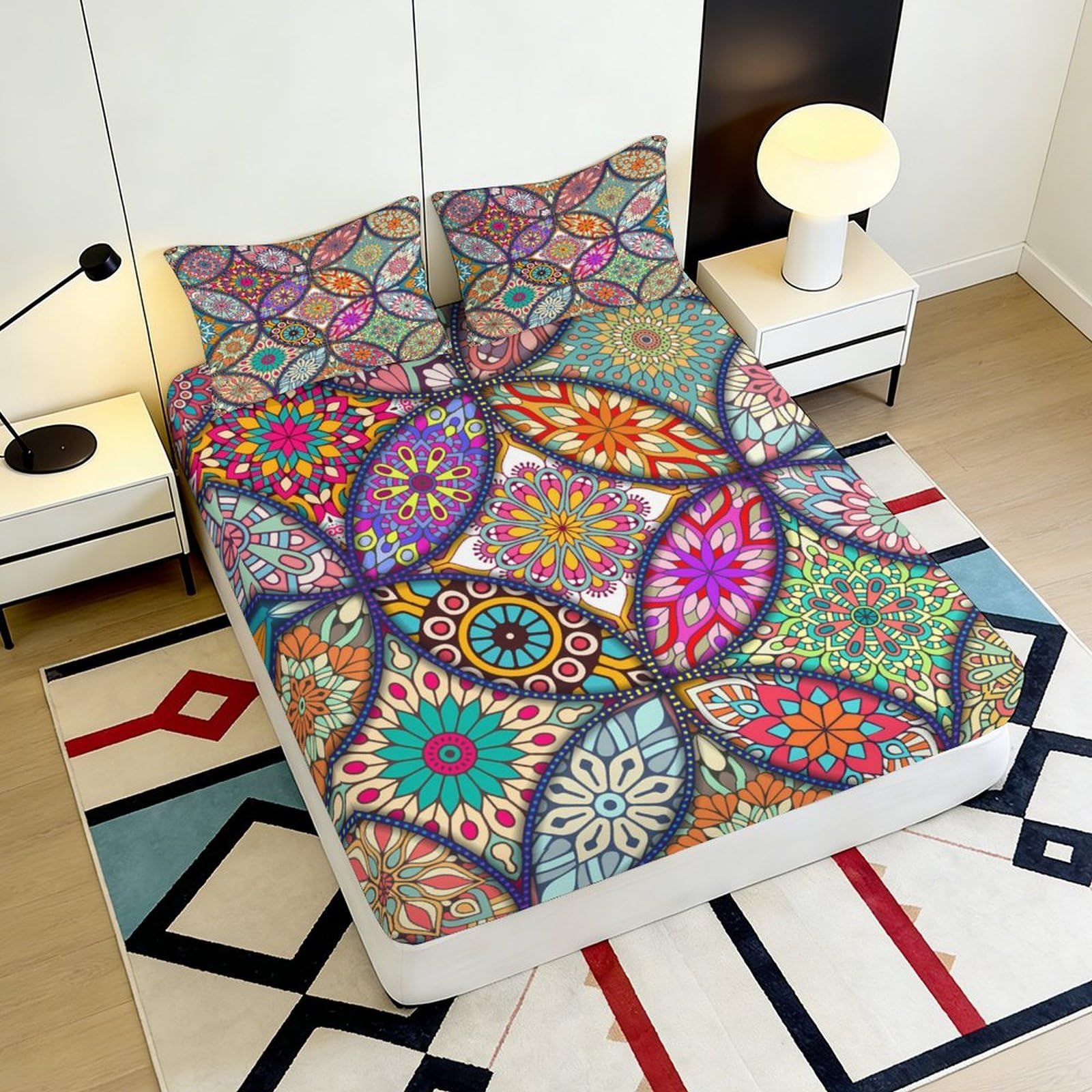 3D Printed Boho Geometrisch Spannbettlaken, Microfaser Bettbezug
