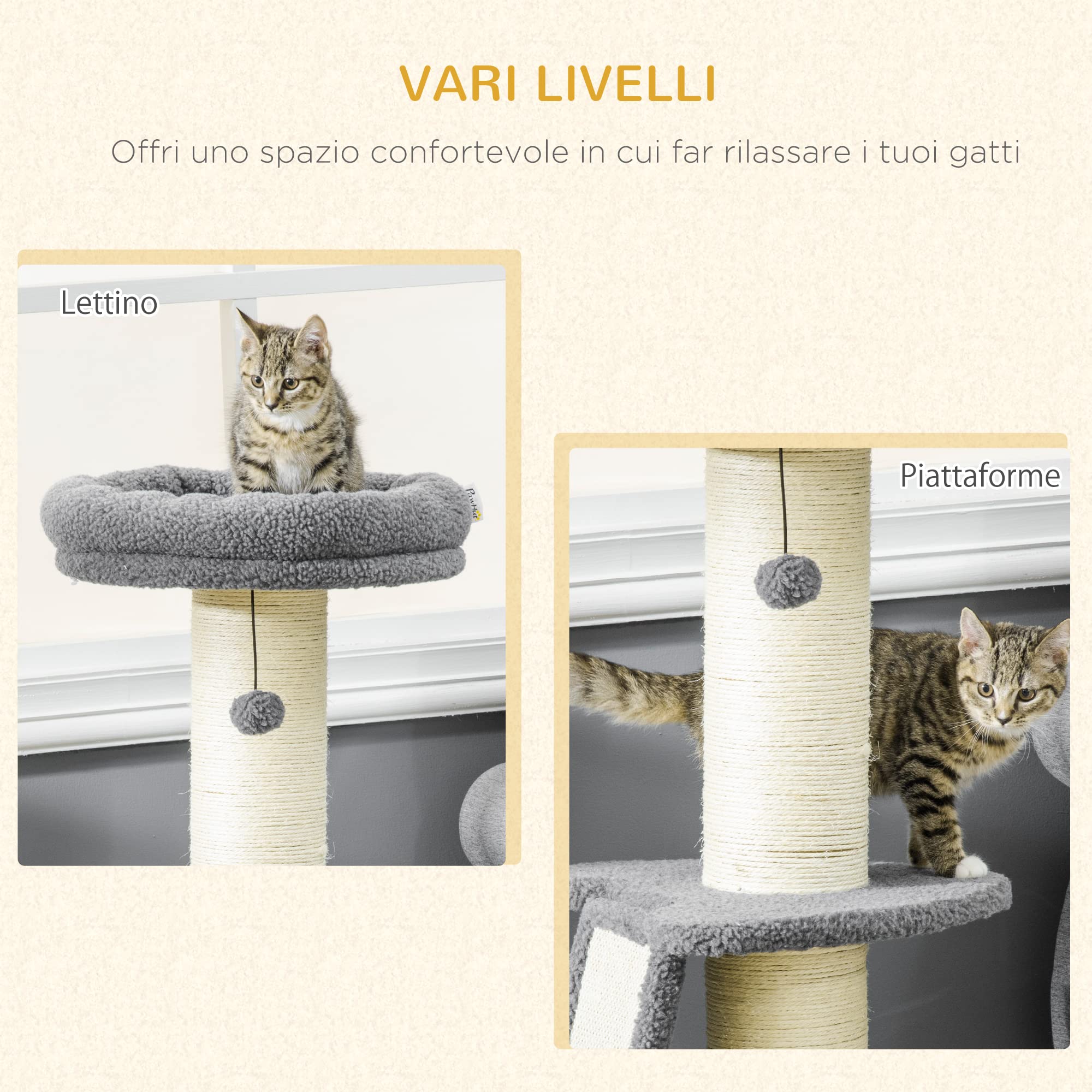 PawHut Torre per Gatti Tiragraffi con Palline e Posatoi, per Gatti max 5kg, in Truciolato, Sisal e Finto Vello d'Agnello, 48x48x92 cm, Grigio e Bianco