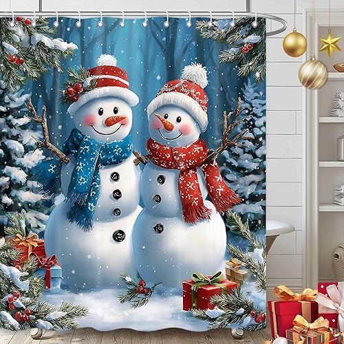 Miniatura 3 de Cortina de ducha de muñeco de nieve de Navidad, árbol de Navidad, bosque de invierno, rústico, casa de campo, juego de cortinas de baño de tela