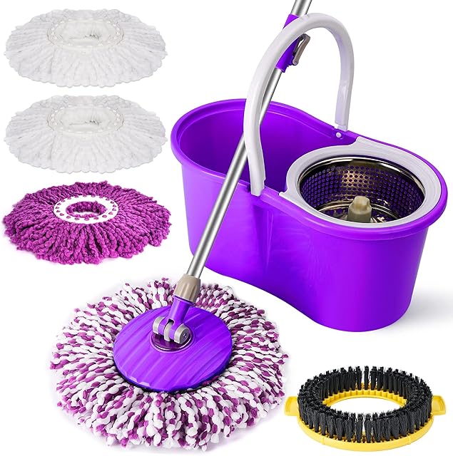 Enya Magic Spin Mop and Bucket Set Floor Mop Home Cleaning with four Microfiber Wet/Dry mop heads - Colors - Blue/Black/Purple/Green - Purple