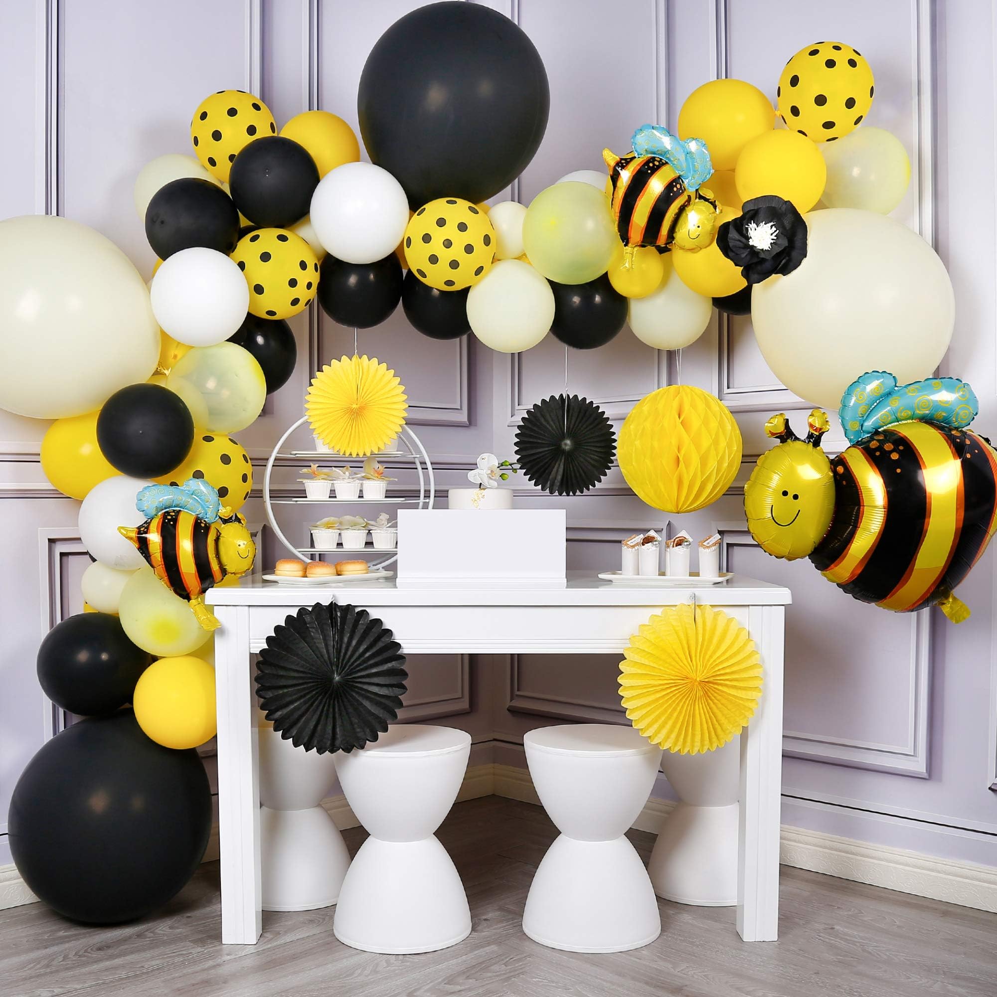 PartyWoo Bee Balloon Garland Kit, Bumble Bee Balloons, Bee Backdrop, Bee Foil Balloons, Paper Fans, Honeycomb, Black Yellow Balloons for What Will It Bee Gender Reveal, Bee Party Decorations