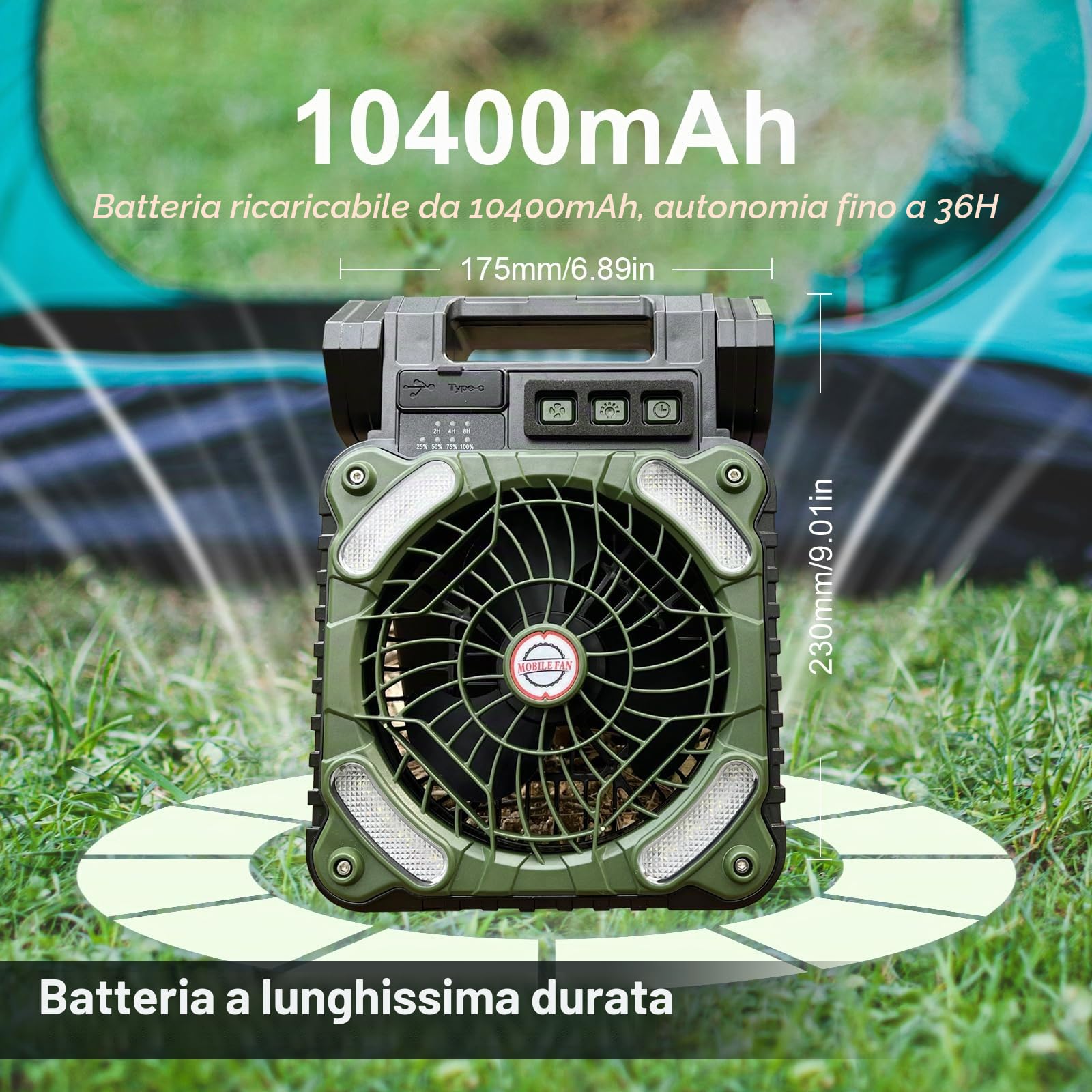 GY Ventilatore da campeggio con timer, 4 velocità, ventilatore USB ricaricabile 10400 mAh, solare portatile per pesca