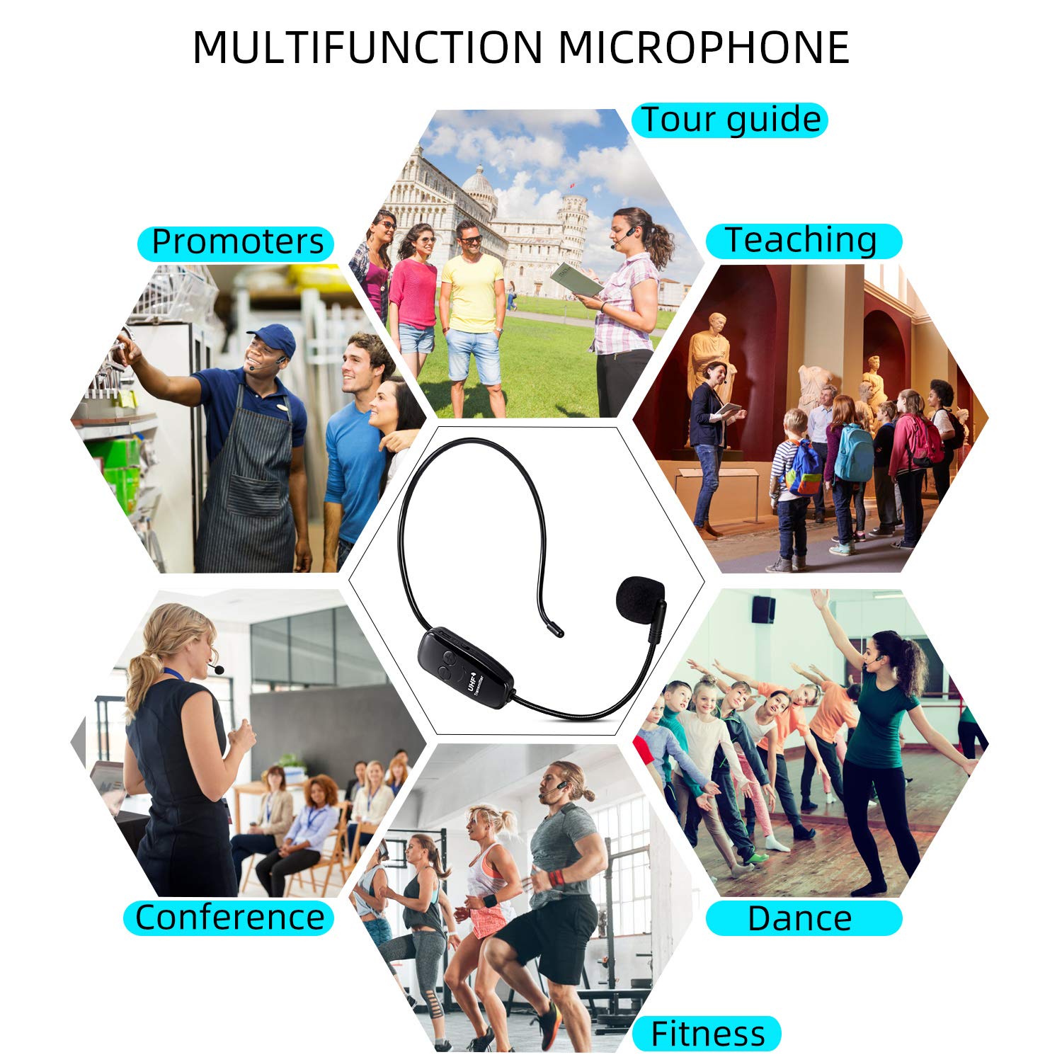Wireless UHF Mikrofon, Professionell Kabellos Wiederaufladbar Mikrofon Headset Sprachverstärker Head Mounted Microphone Voice Amplifier mit Empfänger Receiver