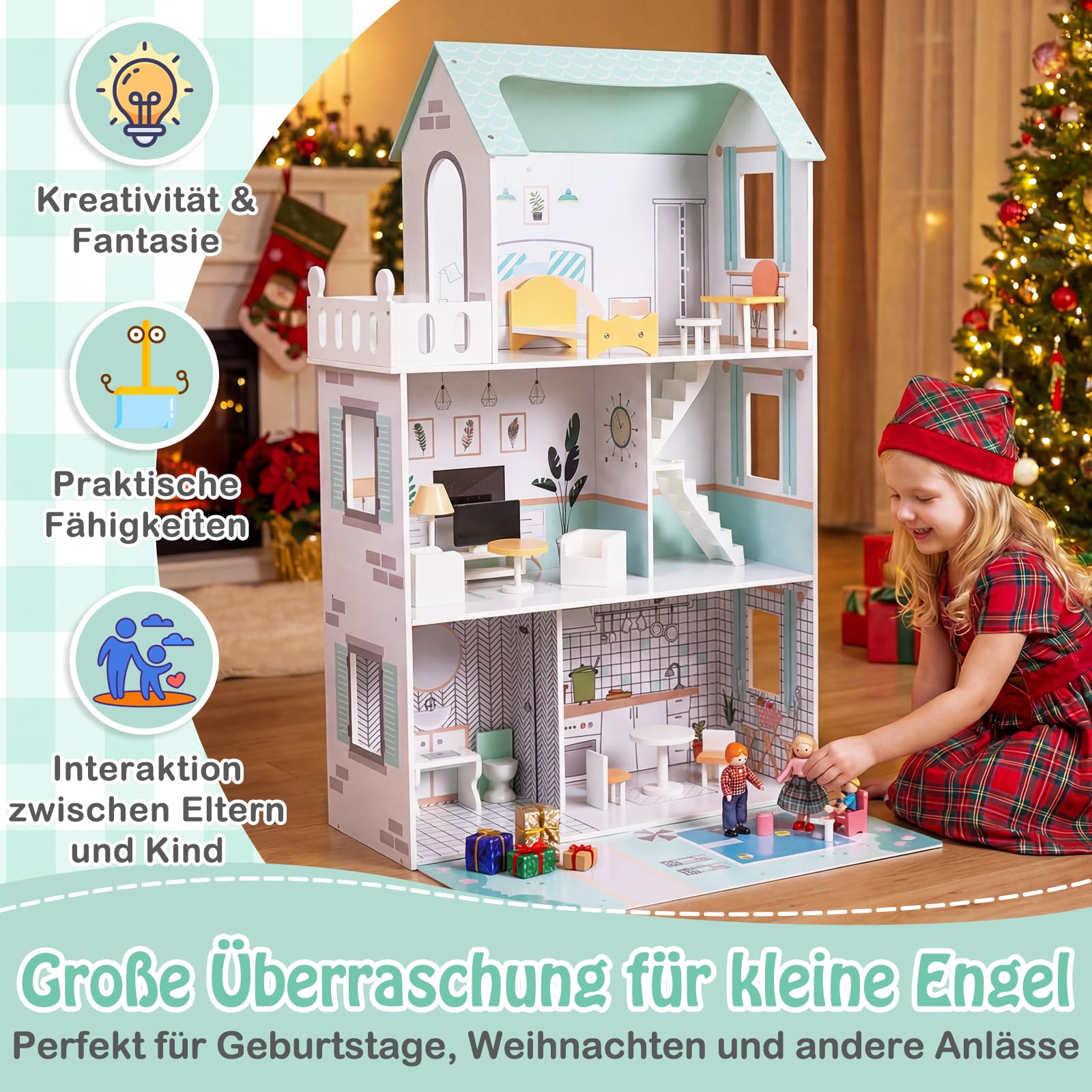 COSTWAY Puppenhaus Holz, Kinder Dollhouse mit 17 Möbelstücken, große Puppenvilla 120,5 cm Hoch mit 3 Etagen, Traumvilla für Mädchen & Jungen ab 2 Jahren, 73 x 34 x 120,5 cm (Grün)