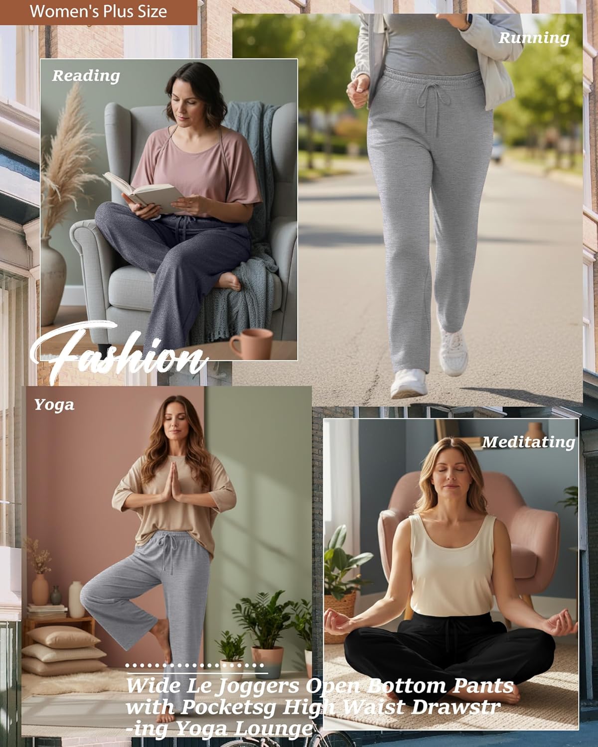 Neer 3 Pack Women's Plus Size Sweatpants Wide Leg High Waist Drawstring Yoga Lounge Joggers Open Bottom Pants with Pockets - Image 4