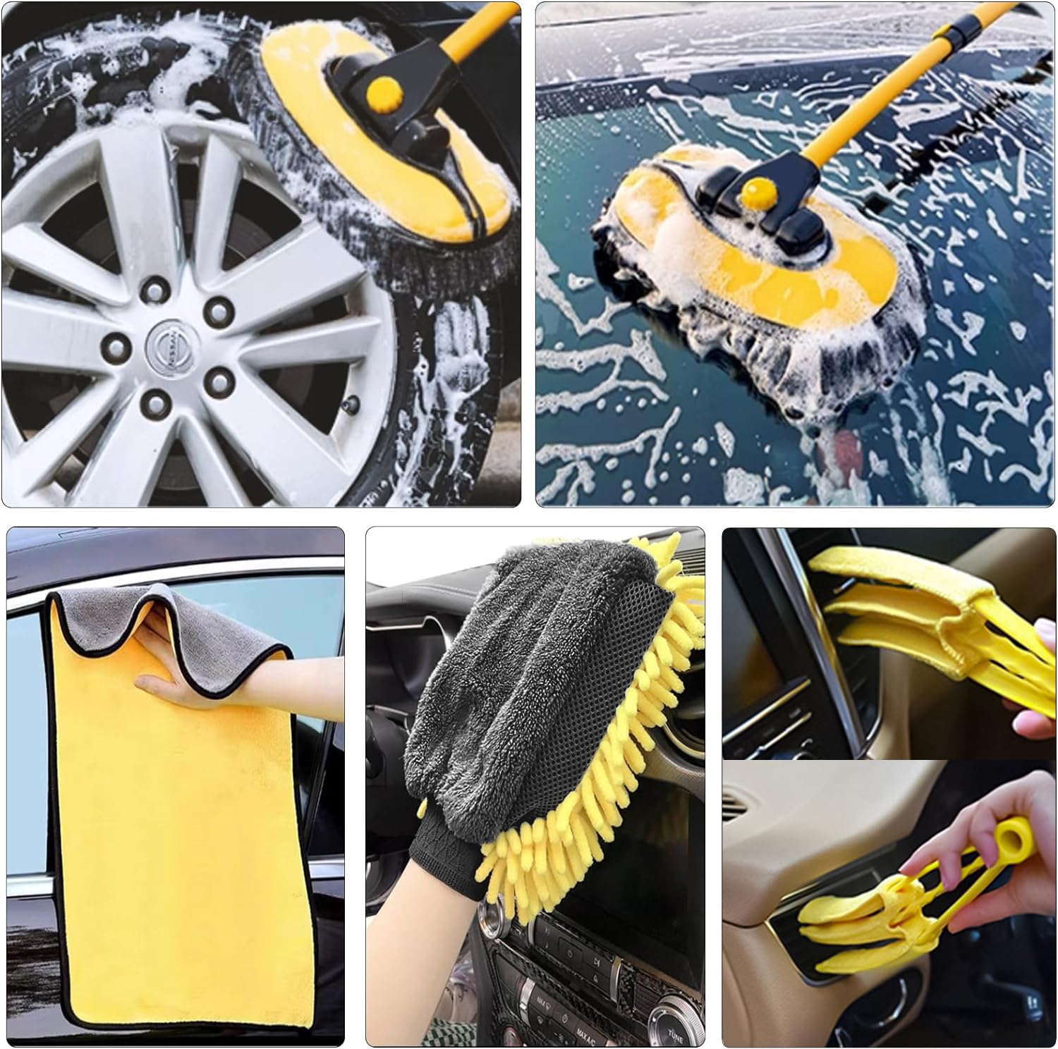 Cepillo de lavado de coche con mango largo, 55 pulgadas, kit de lavado de coche, guante retráctil, barra doblada, cepillo de lavado de coche, caravana, camión, barco