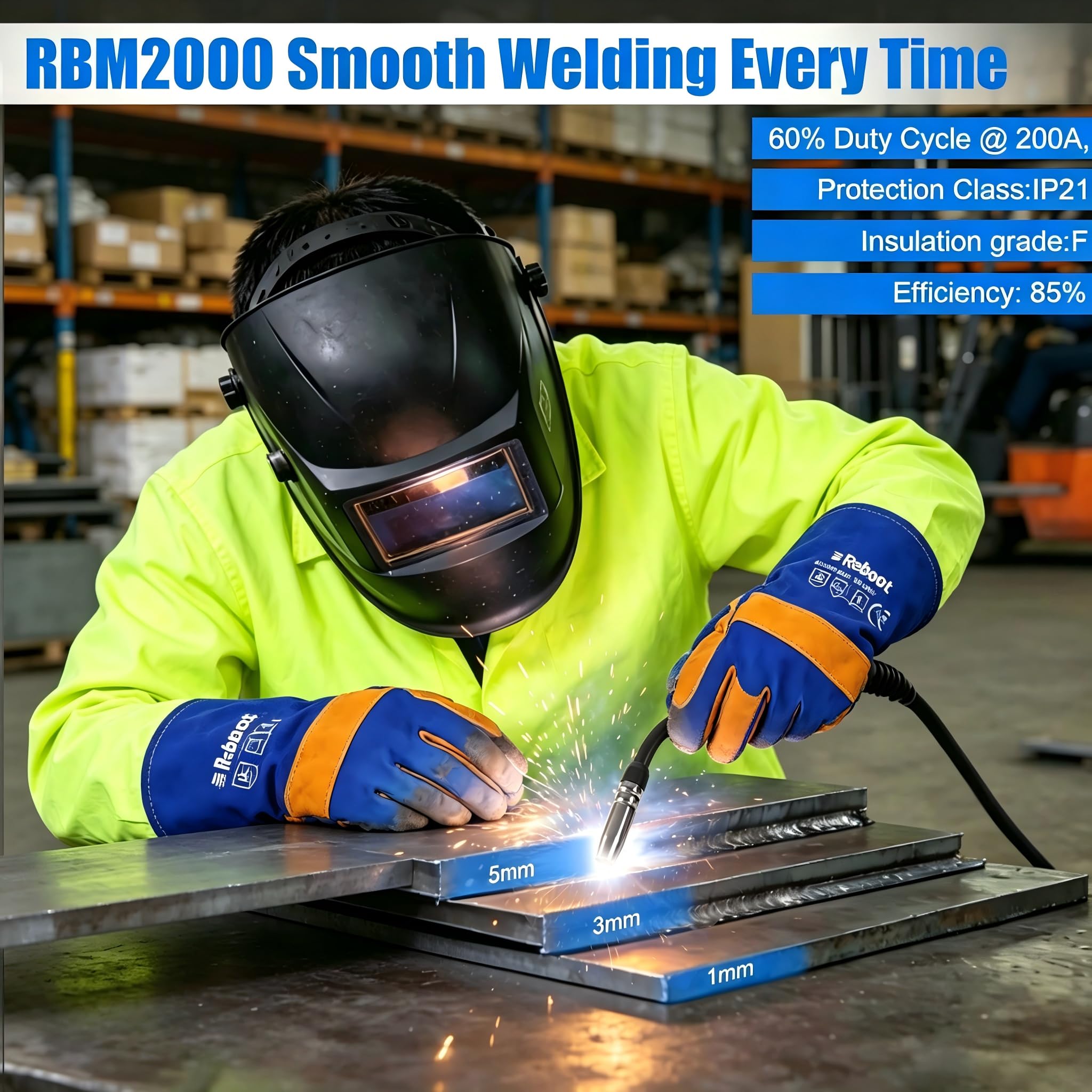 Reboot Soldador MIG 5 en 1 200A Sinérgico - MIG MAG con/sin Gas, Lift TIG, MMA, Puntos - Soldadura de Aluminio - 240V Portátil para DIY Taller - RBM2000G