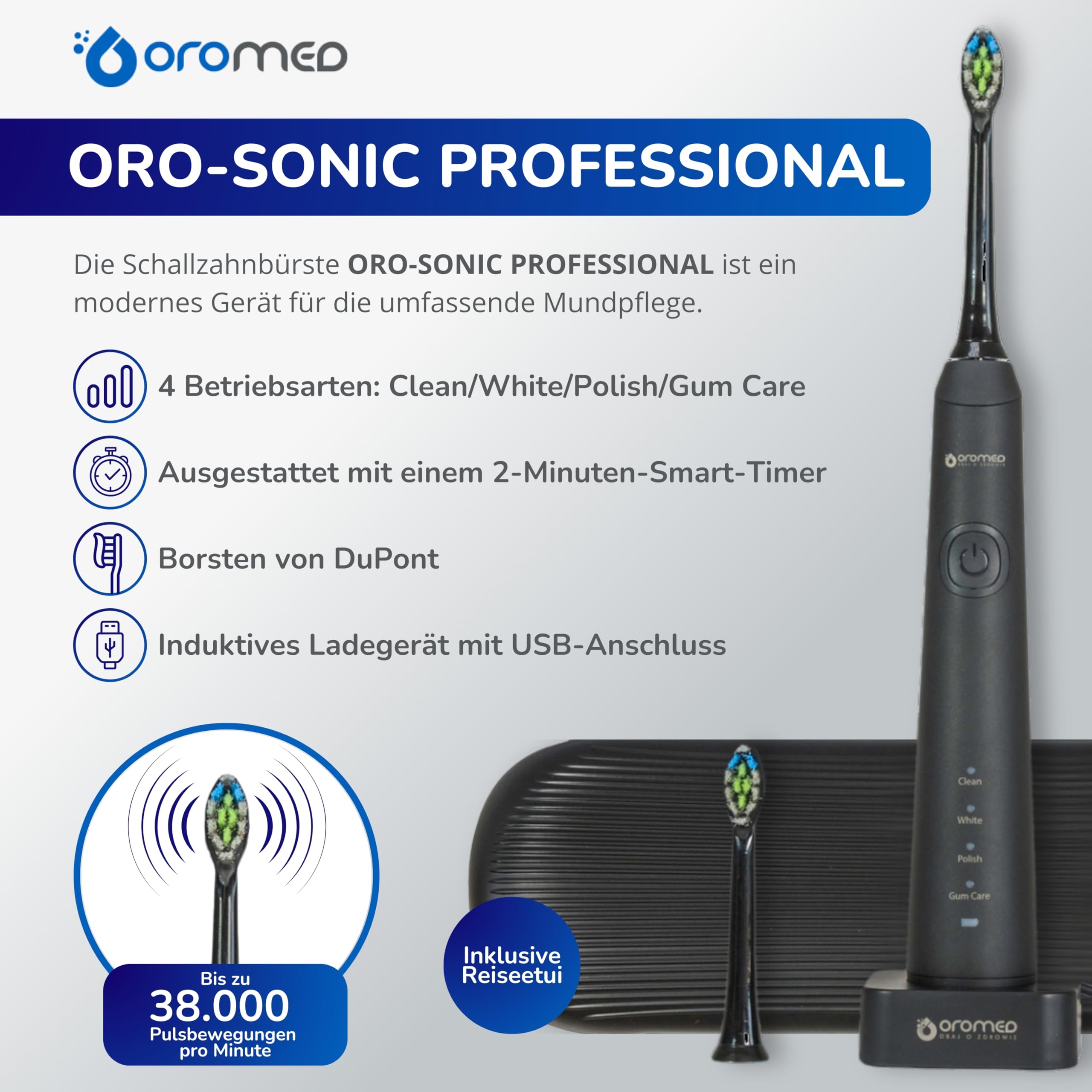 OROMED ORO-SONIC PROFESSIONAL Schallzahnbürste, elektrisch mit 38.000 Vibrationen/Min., 2000 mAh Akku bis 360 Min., LED-Display, mehrere Reinigungsmodi, IPX7 wasserdicht, Schwarz