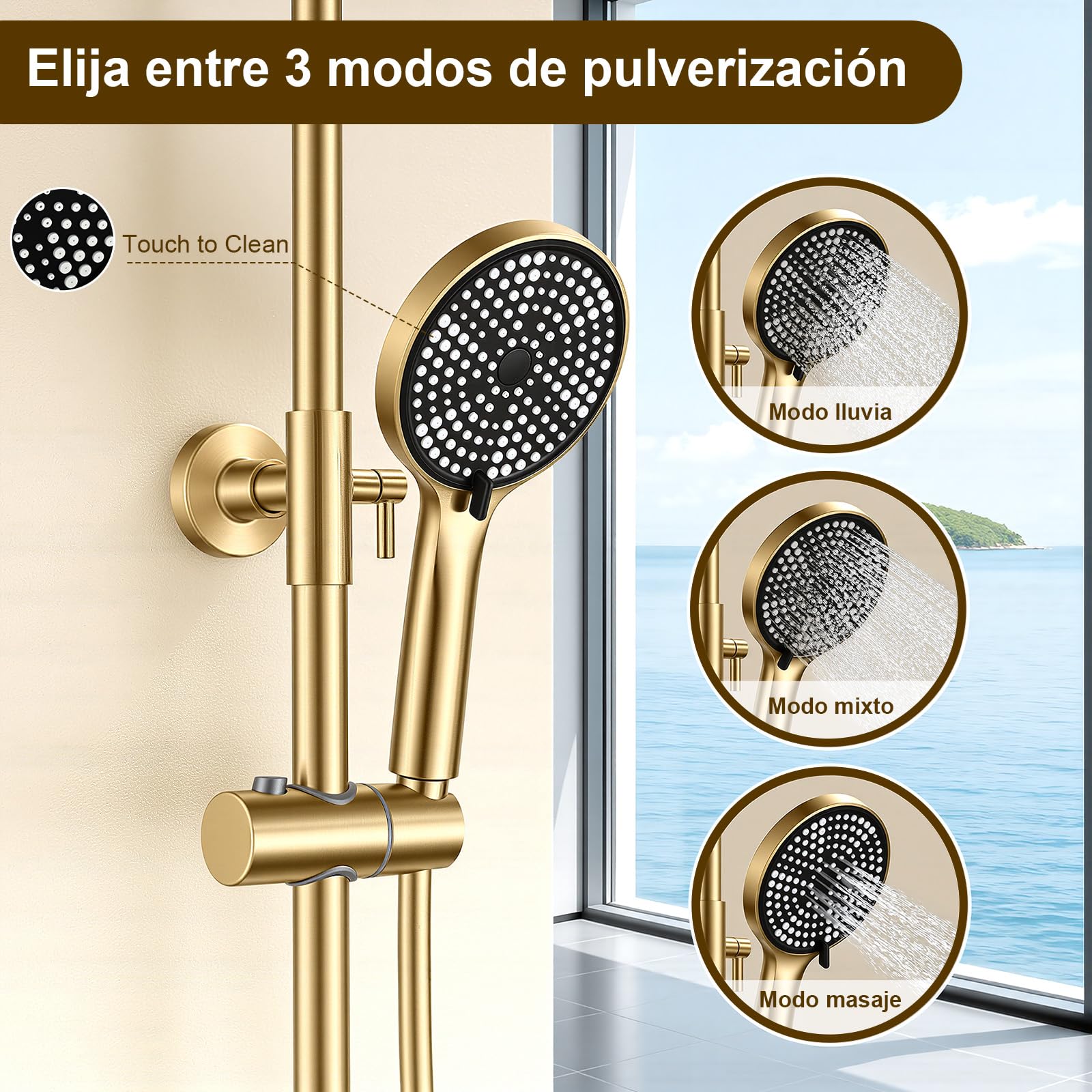 Sistema de ducha completo con termostato para rociador de lluvia de 25 cm y teleducha de 3 chorros Termostato con mando giratorio antideslizante y protección antiescaldaduras