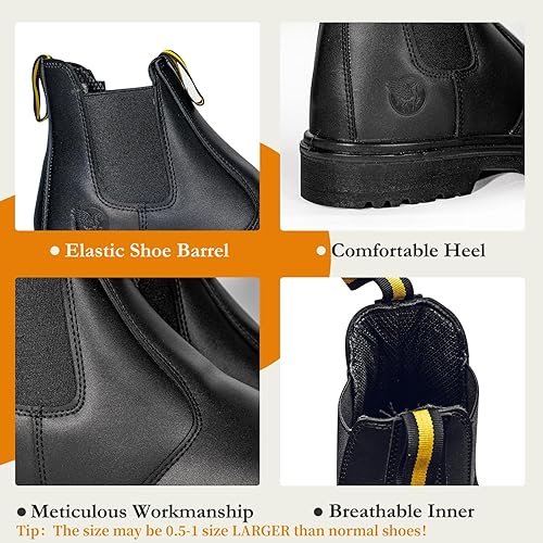 Miniatura 6 de Botas de trabajo para hombre, puntera de acero, impermeables, antideslizantes, de cuero real, cómodas, sin cordones, botas de seguridad