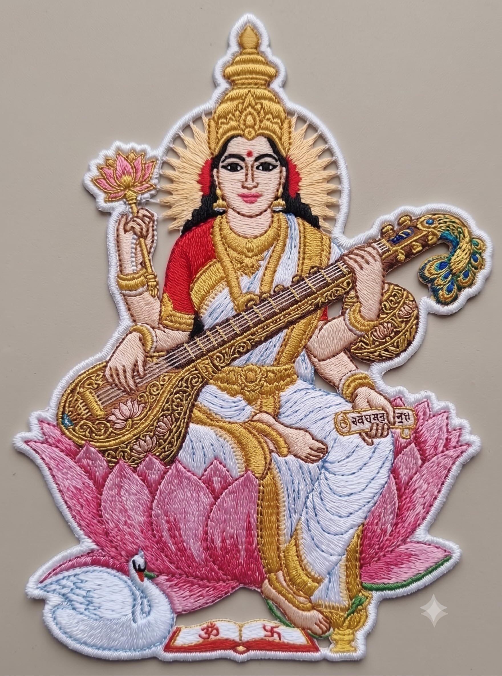 Saraswati MATA Embroidery Sew-On Patch 6 Inch | Designs, Stitch-On Compatible, Vibrant Thread Work, Jacket & Fabric Decor, Detailed Artwork-image-6