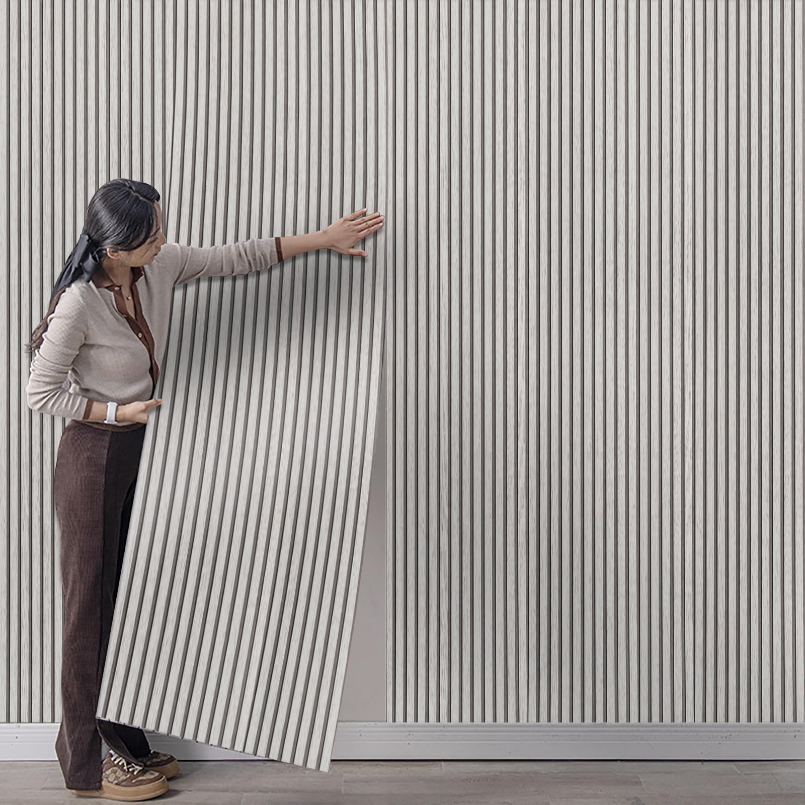 3D Effect Grey Wood Slat Wallpaper Grey Wood Effect Grain Panel Wallpaper 0.53x9.5m Retro Faux Striped Panel Wall Feature Wall Paper for Living Room Bedroom Hallway