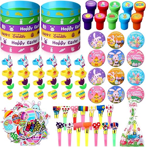Honoson Juego de 194 piezas de recuerdos de fiesta de Pascua para niños, rellenos de huevos de Pascua a granel, juguetes con bolsas de regalos,