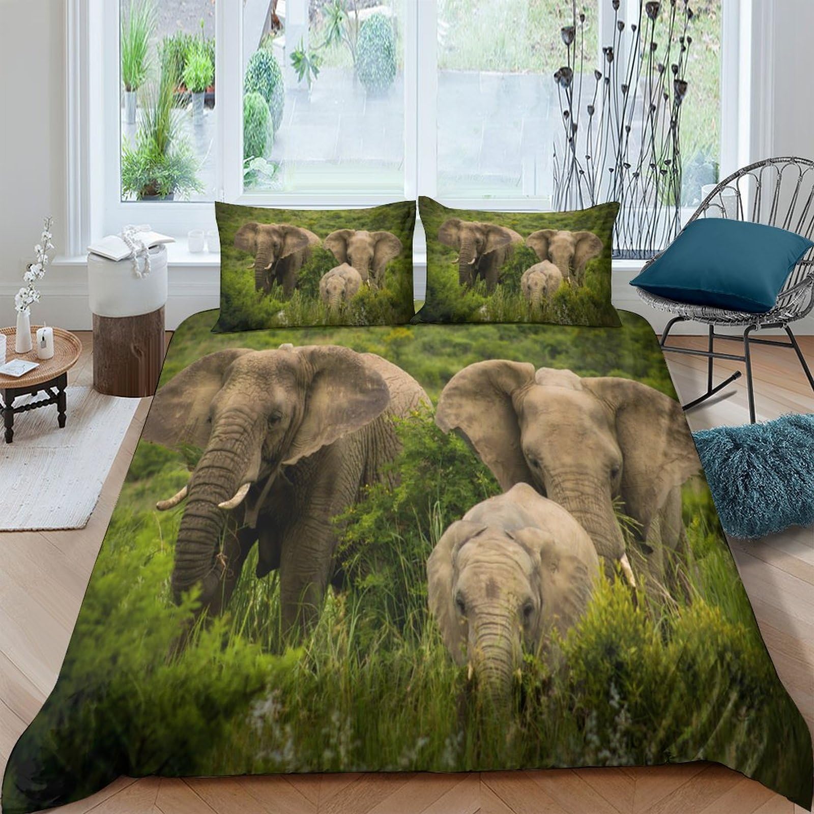 Ctjqhvkz Style-7 3D Printed Elephant Herd Fitted Sheet Microfiber Soft Green Jungle Bed Cover For Bedroom Guest Room Decor Single（135X200cm）