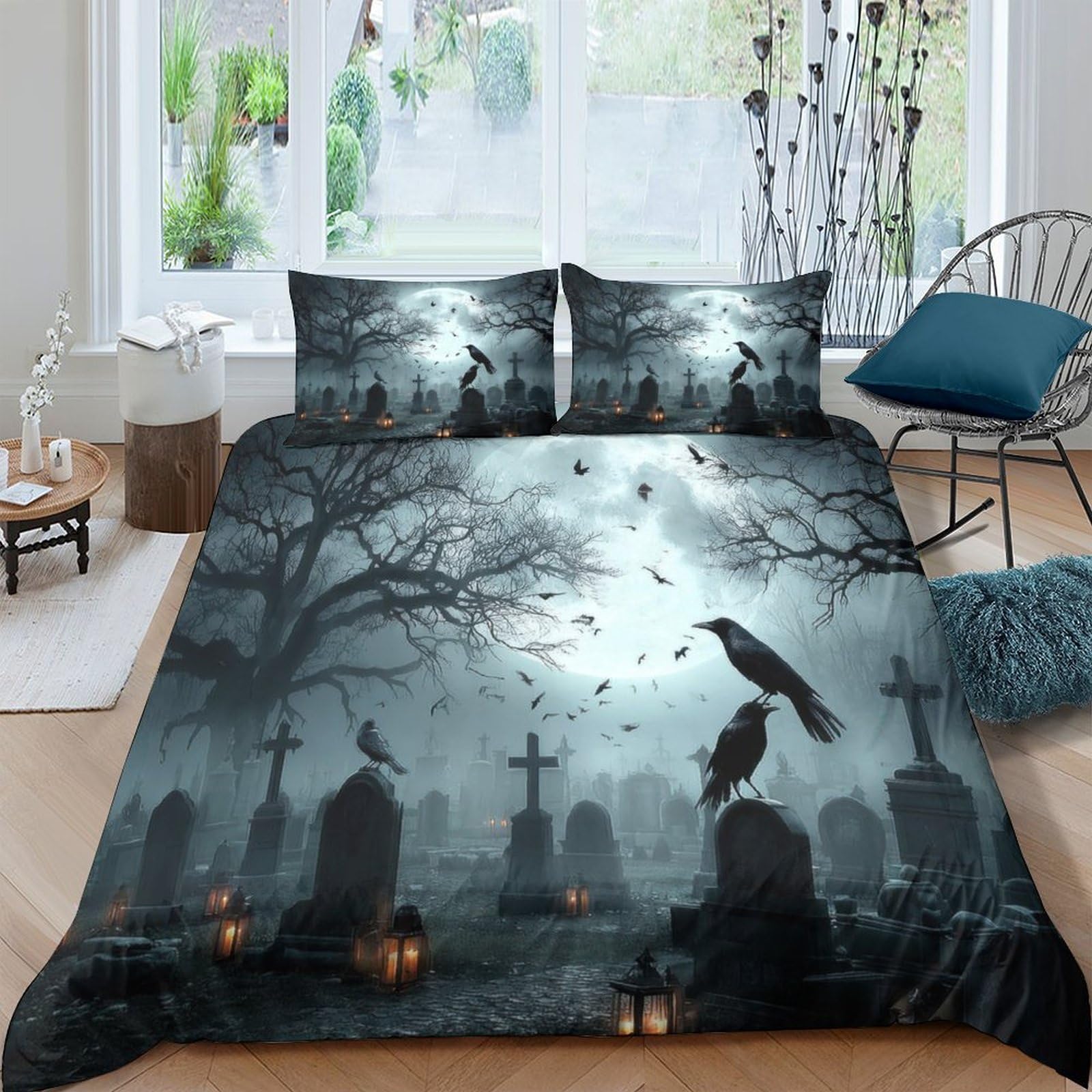 Ctjqhvkz Style-1 3D Printed Gothic Cemetery Fitted Sheet Microfiber Soft Halloween Crow Night Bed Cover For Bedroom Guest Room Decor Single（135X200cm）
